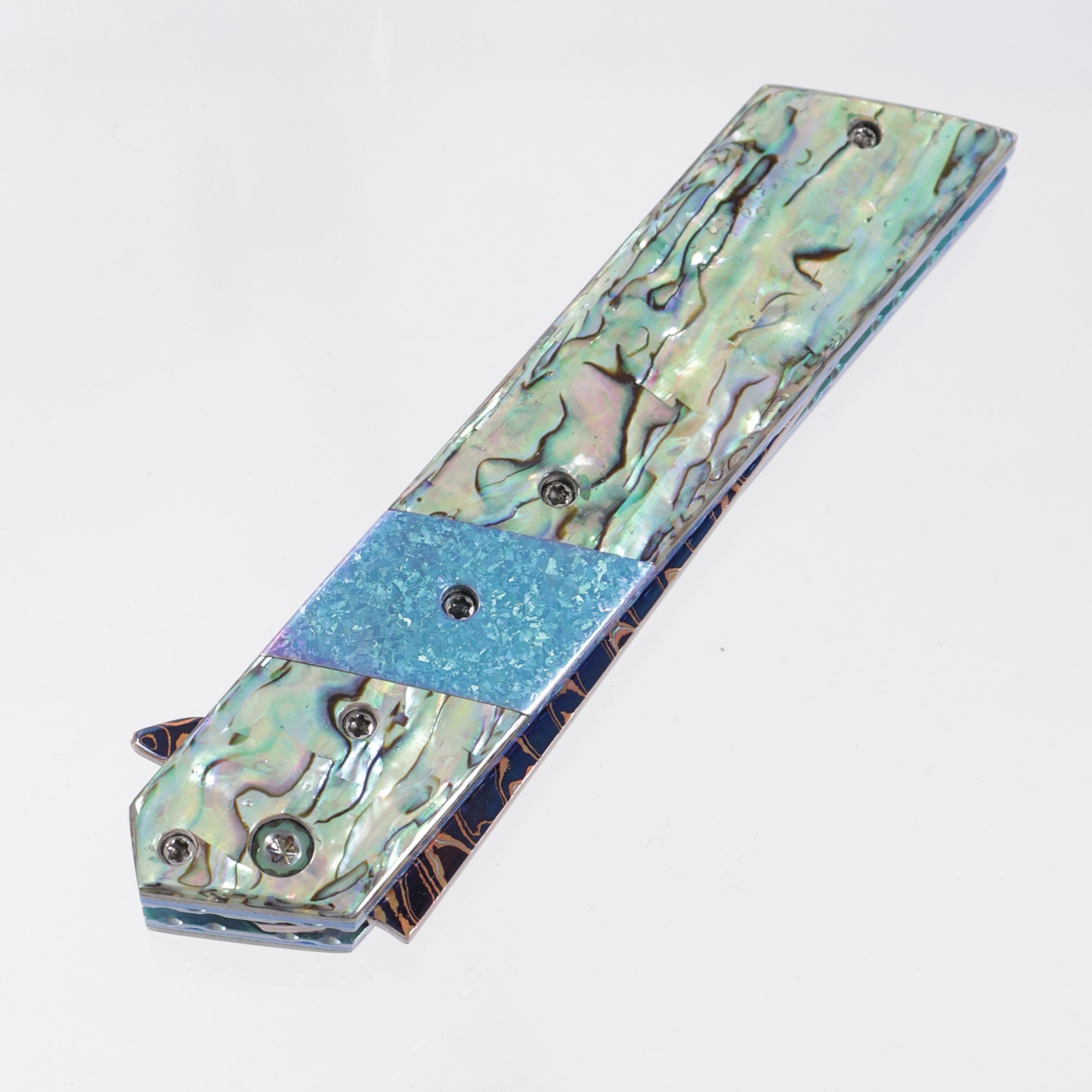 Brandon Vallotton Kaiken Flipper - Abalone w/ Crystalized Titanium Bolsters - Adam Deville Dragon Core Damascus