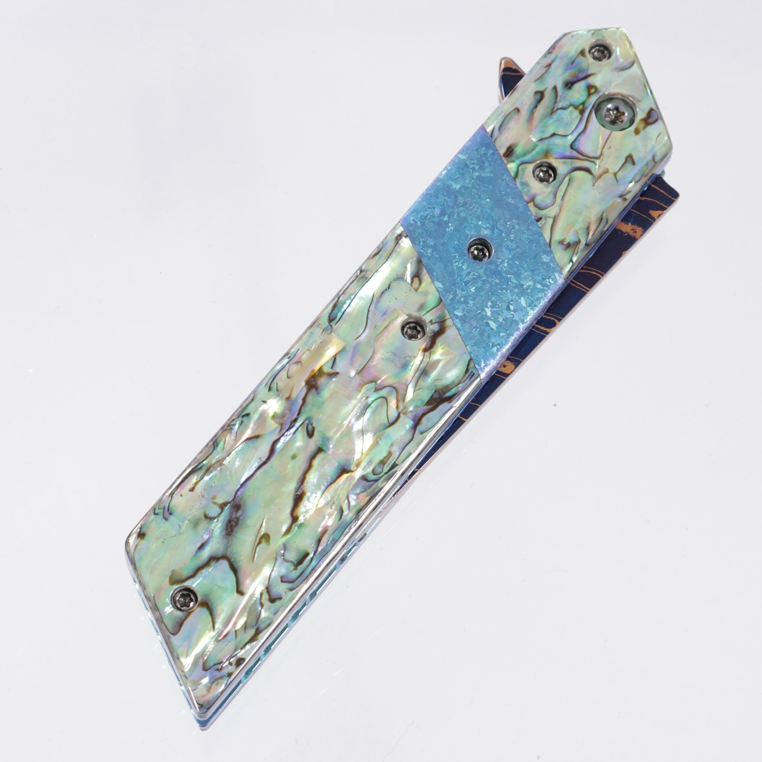 Brandon Vallotton Kaiken Flipper - Abalone w/ Crystalized Titanium Bolsters - Adam Deville Dragon Core Damascus
