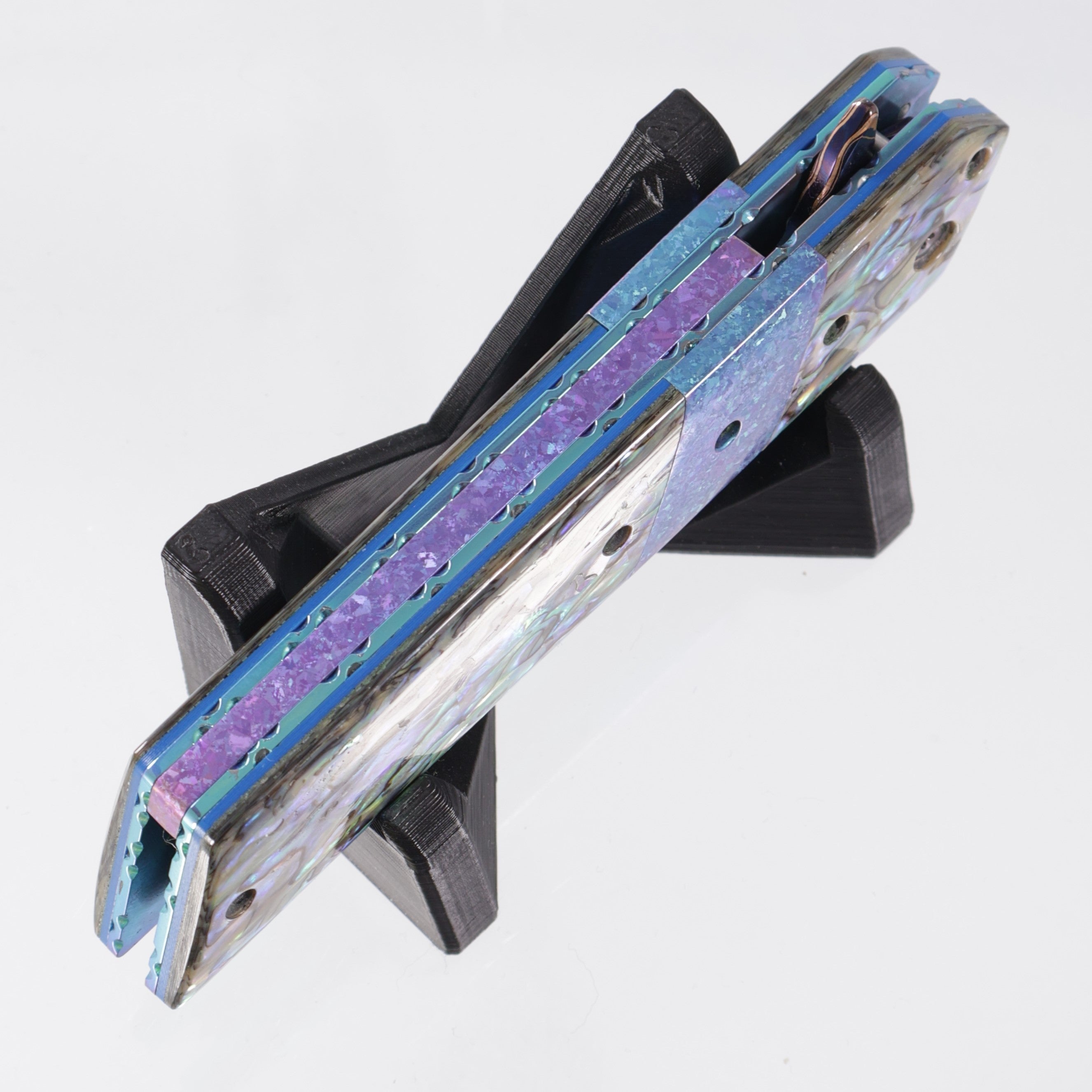 Brandon Vallotton Kaiken Flipper - Abalone w/ Crystalized Titanium Bolsters - Adam Deville Dragon Core Damascus