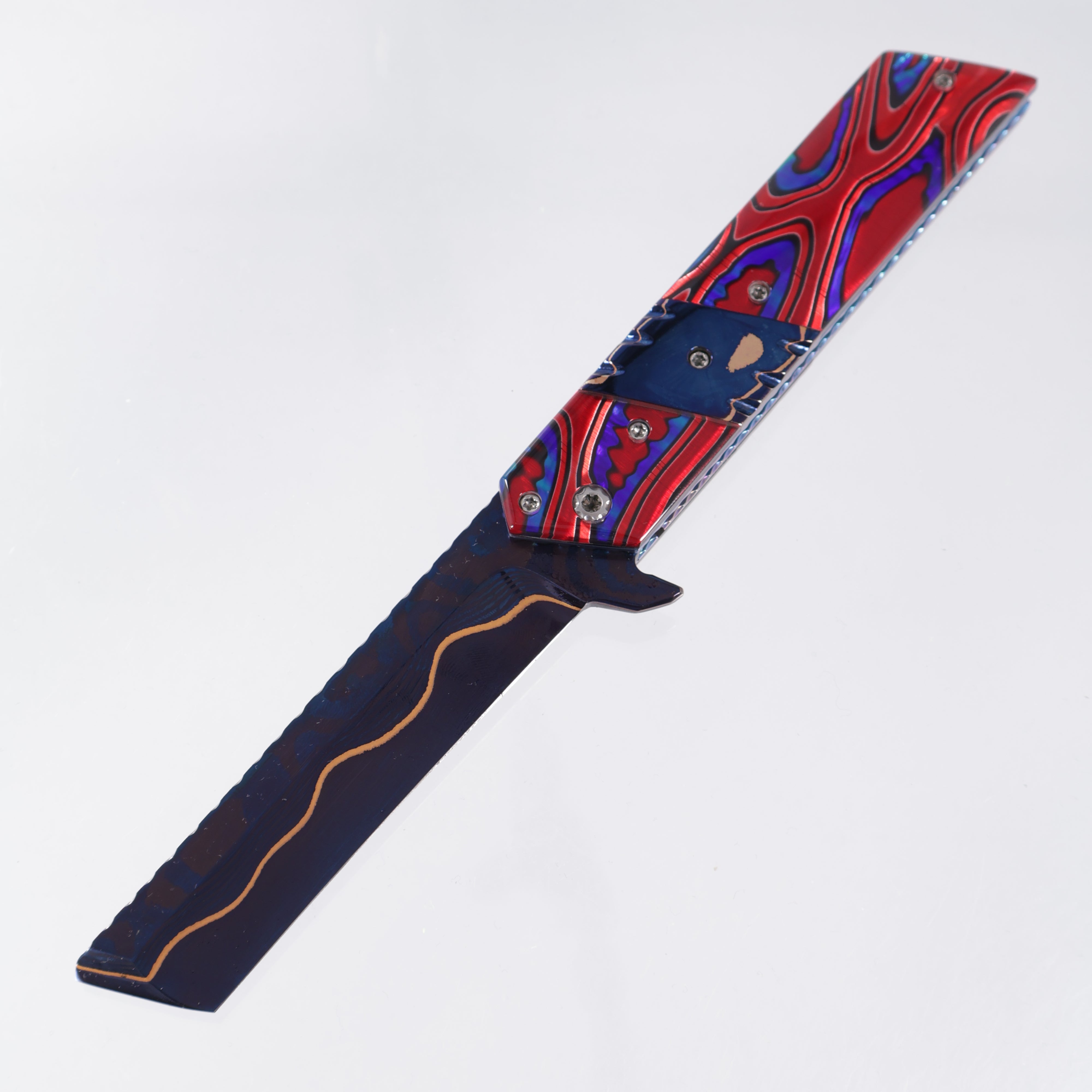 Brandon Vallotton Kaiken Flipper - Dichro-Quilt Red Candy w/ Baker Forge Dam-Core Wavy Bolsters - Baker Forge Dam-Core Wavy Damascus