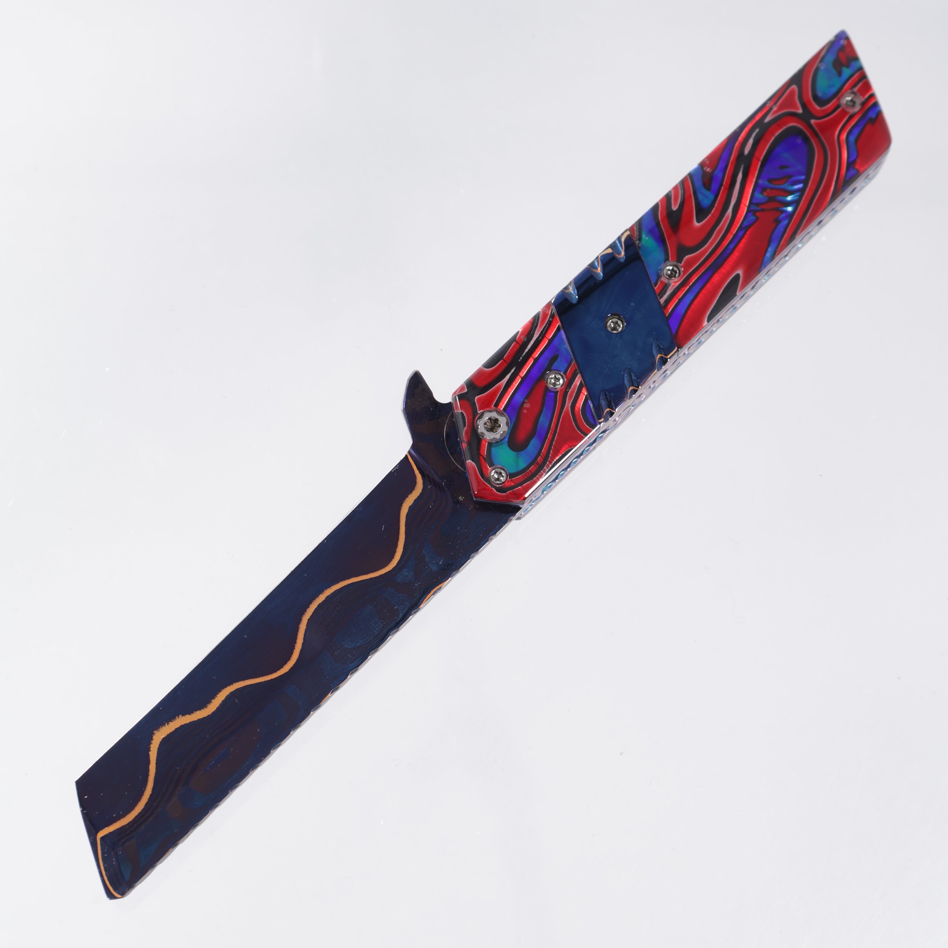 Brandon Vallotton Kaiken Flipper - Dichro-Quilt Red Candy w/ Baker Forge Dam-Core Wavy Bolsters - Baker Forge Dam-Core Wavy Damascus