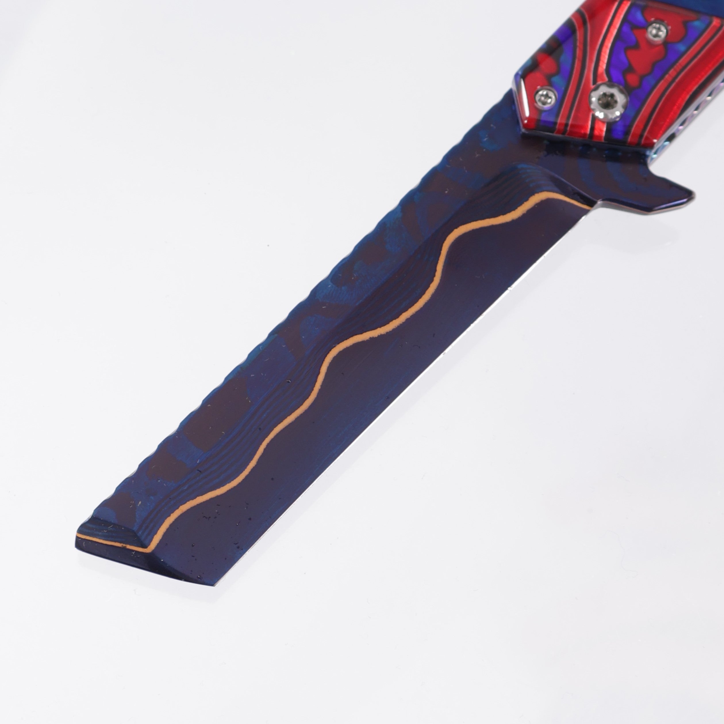 Brandon Vallotton Kaiken Flipper - Dichro-Quilt Red Candy w/ Baker Forge Dam-Core Wavy Bolsters - Baker Forge Dam-Core Wavy Damascus