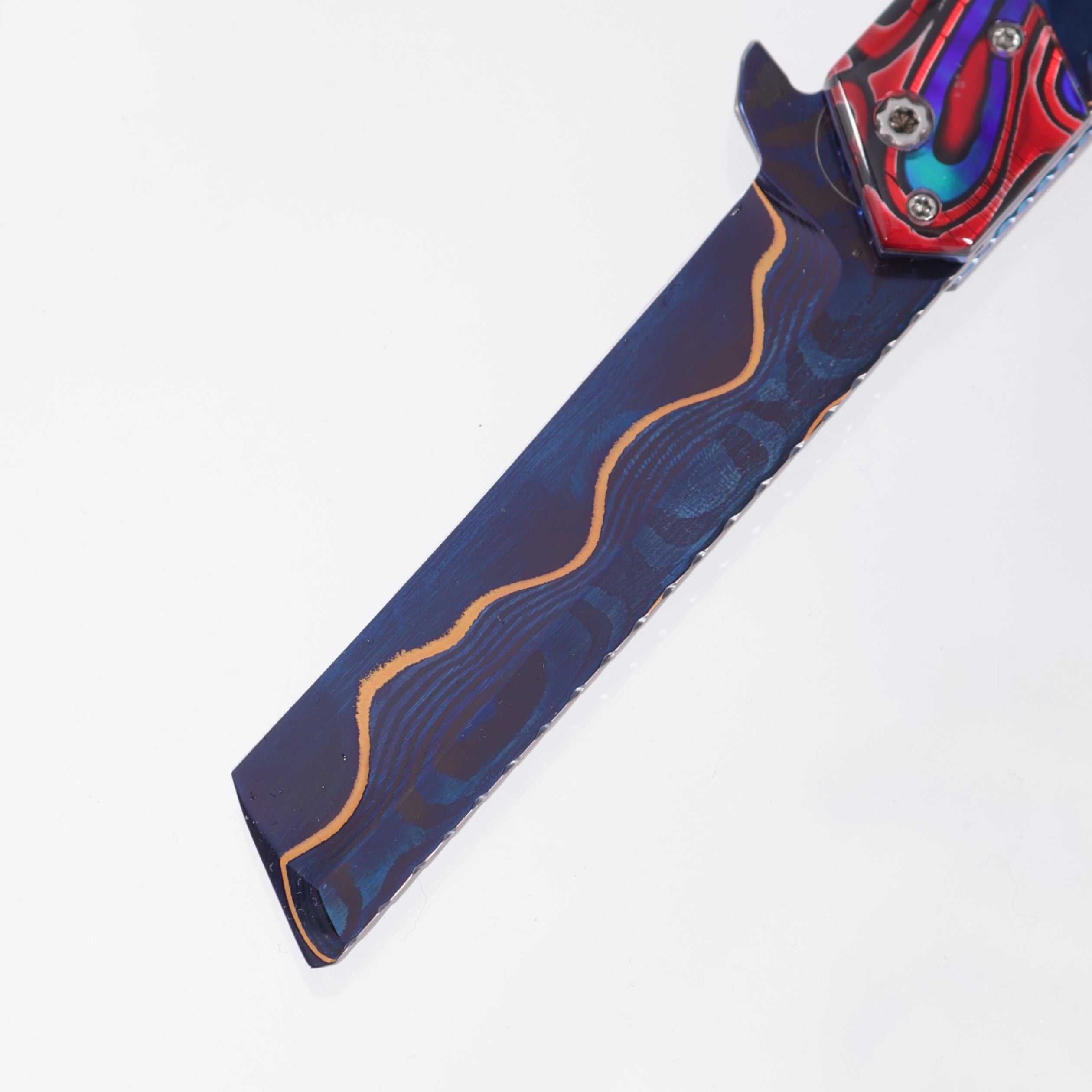 Brandon Vallotton Kaiken Flipper - Dichro-Quilt Red Candy w/ Baker Forge Dam-Core Wavy Bolsters - Baker Forge Dam-Core Wavy Damascus