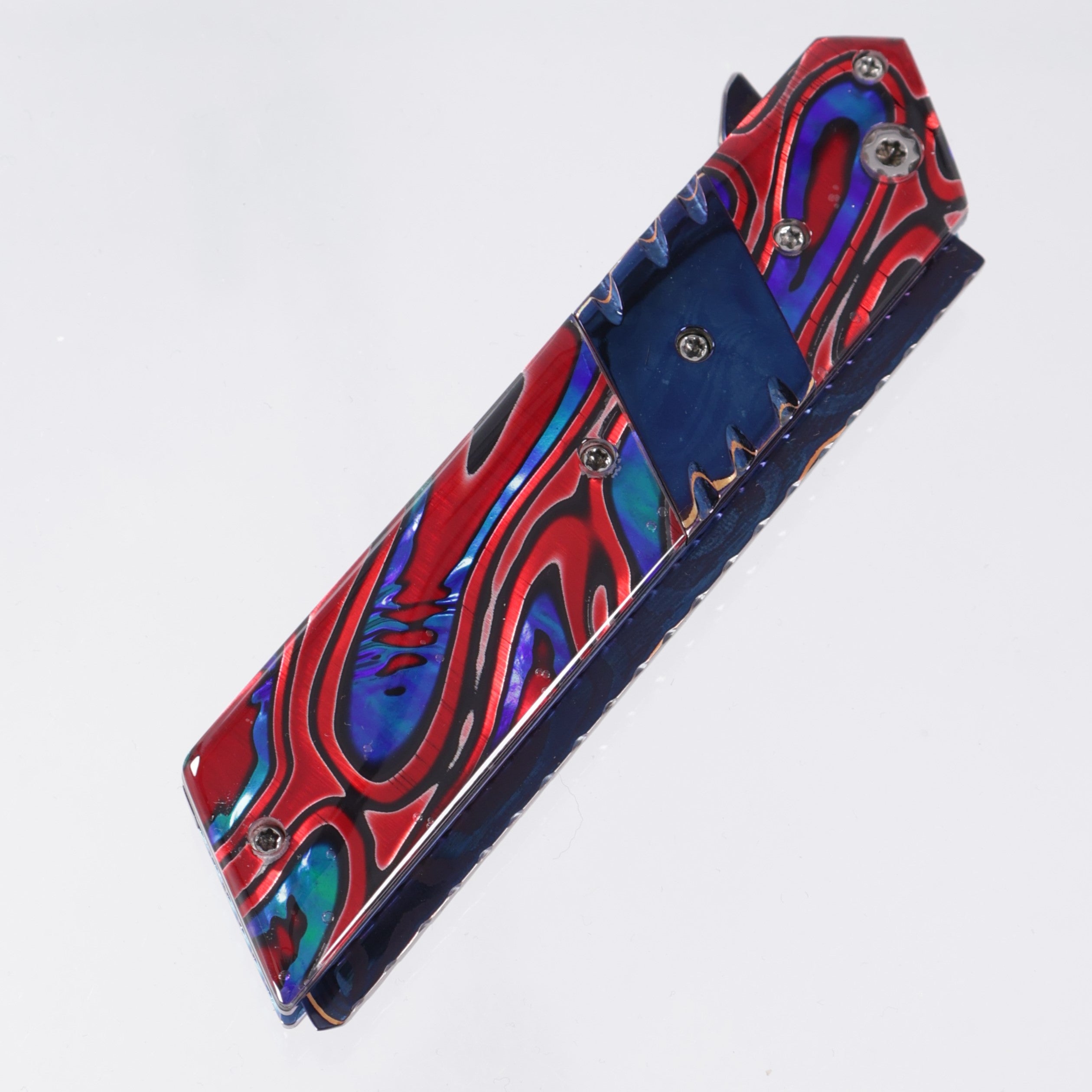 Brandon Vallotton Kaiken Flipper - Dichro-Quilt Red Candy w/ Baker Forge Dam-Core Wavy Bolsters - Baker Forge Dam-Core Wavy Damascus