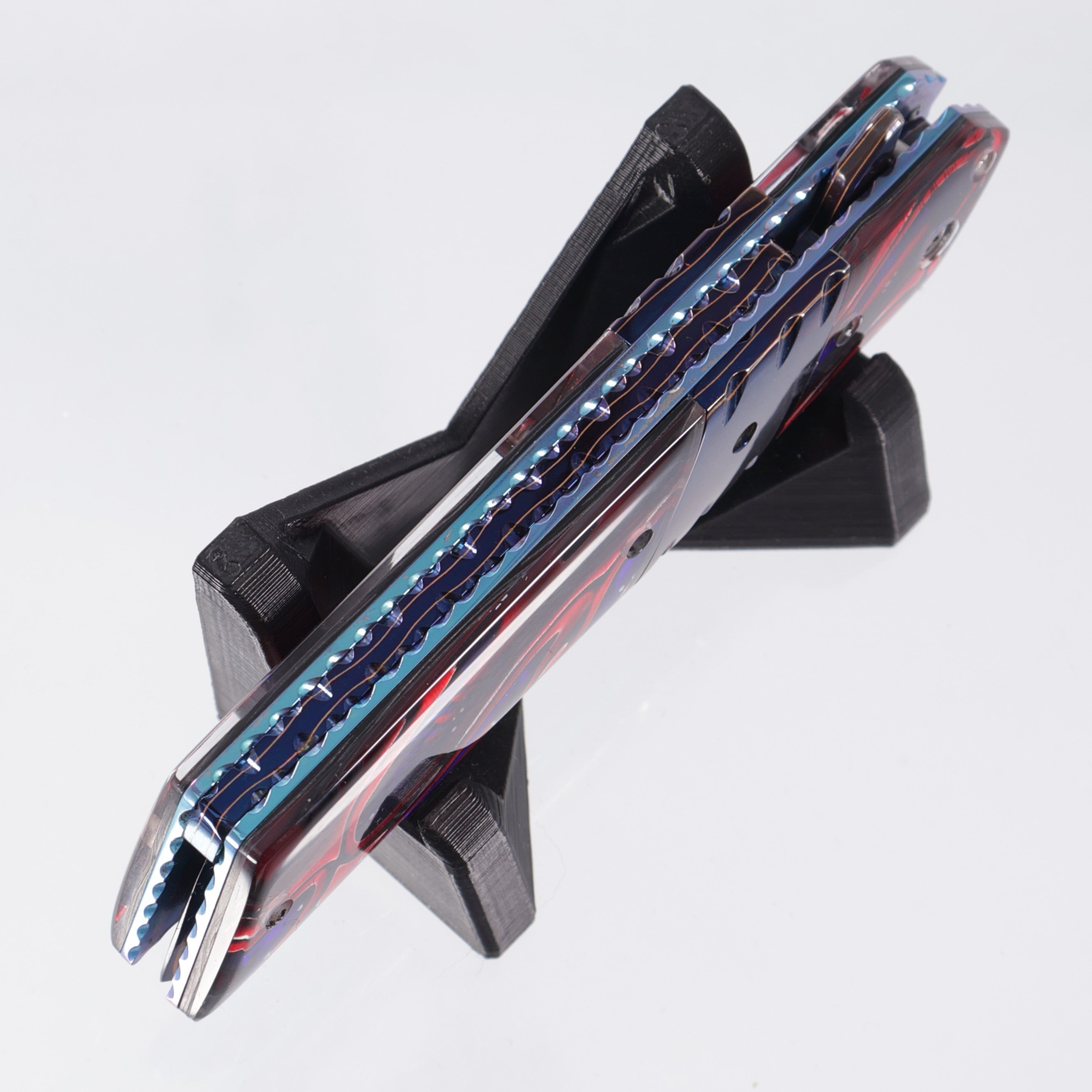 Brandon Vallotton Kaiken Flipper - Dichro-Quilt Red Candy w/ Baker Forge Dam-Core Wavy Bolsters - Baker Forge Dam-Core Wavy Damascus