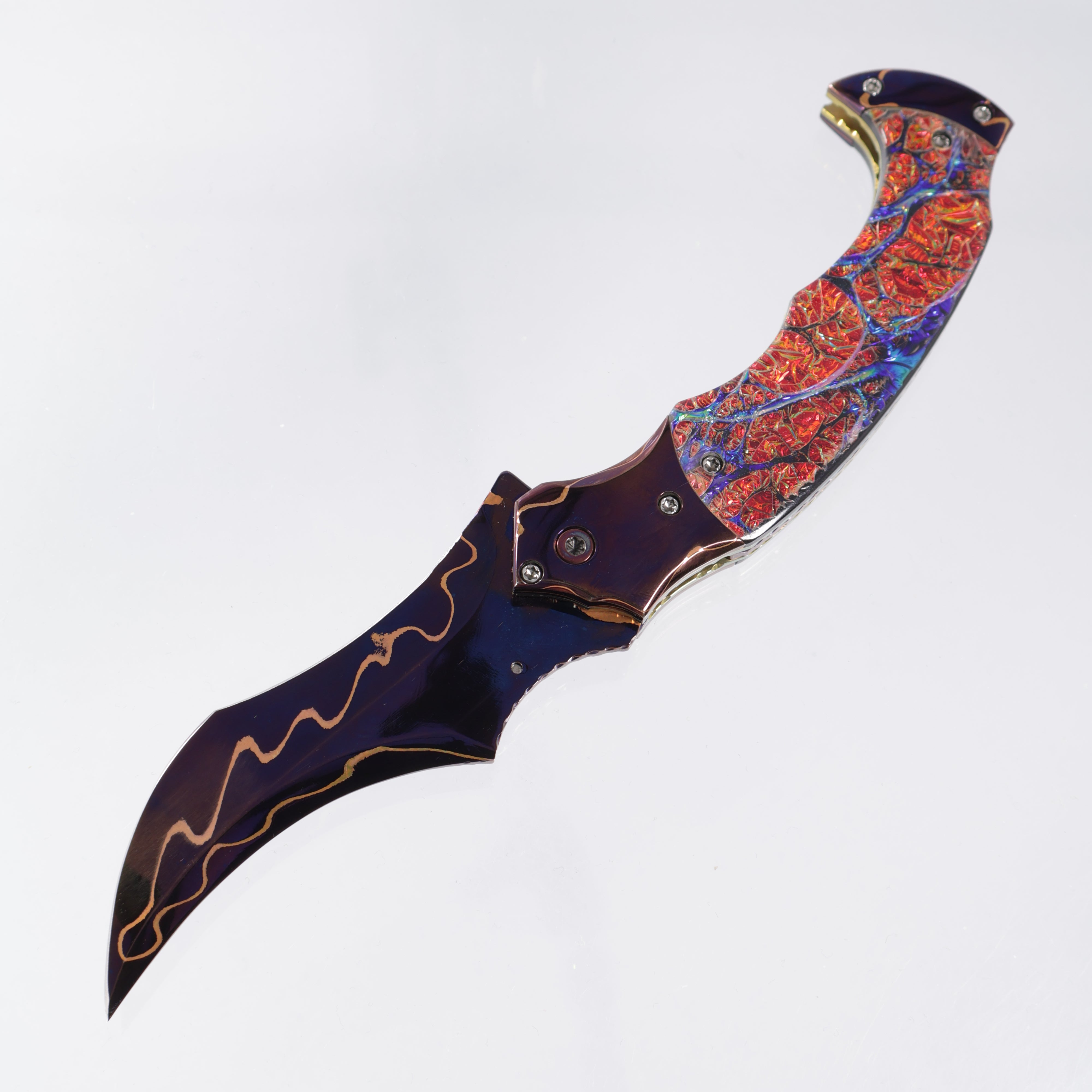 Brandon Vallotton Harbinger - Diachrolam Red Burl w/ Baker Forge Dam-Core Chevron Bolsters - Baker Forge Dam-Core Chevron Damascus