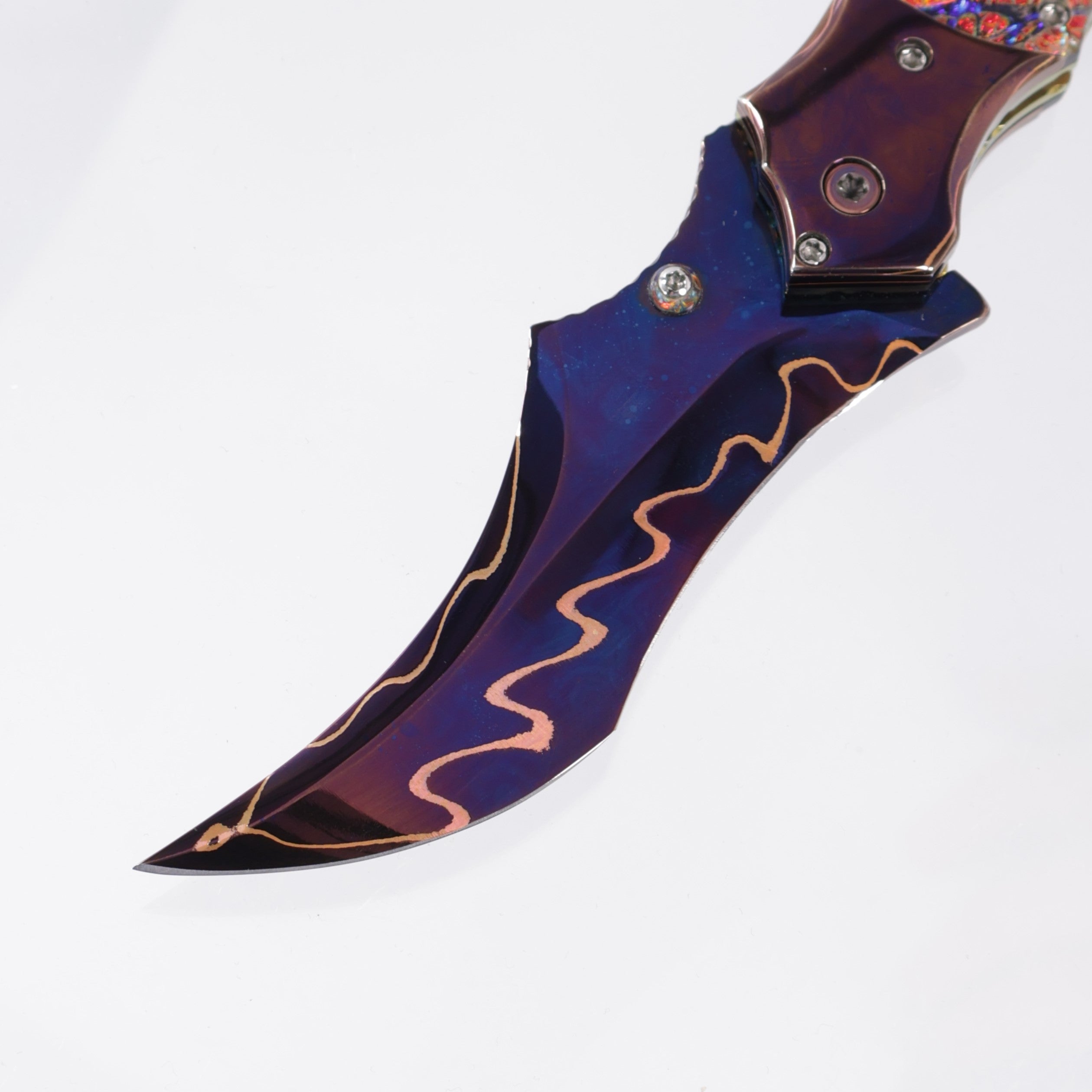 Brandon Vallotton Harbinger - Diachrolam Red Burl w/ Baker Forge Dam-Core Chevron Bolsters - Baker Forge Dam-Core Chevron Damascus
