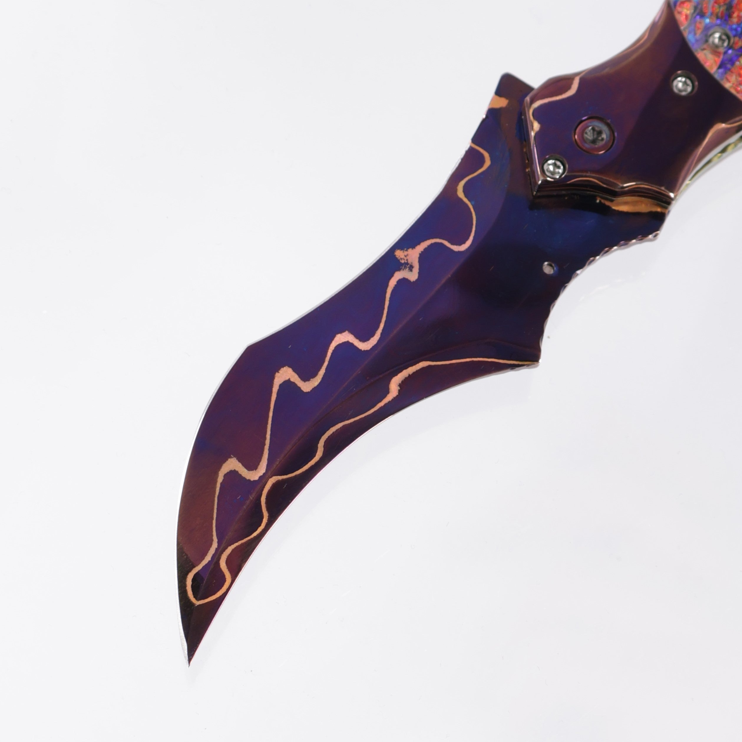 Brandon Vallotton Harbinger - Diachrolam Red Burl w/ Baker Forge Dam-Core Chevron Bolsters - Baker Forge Dam-Core Chevron Damascus