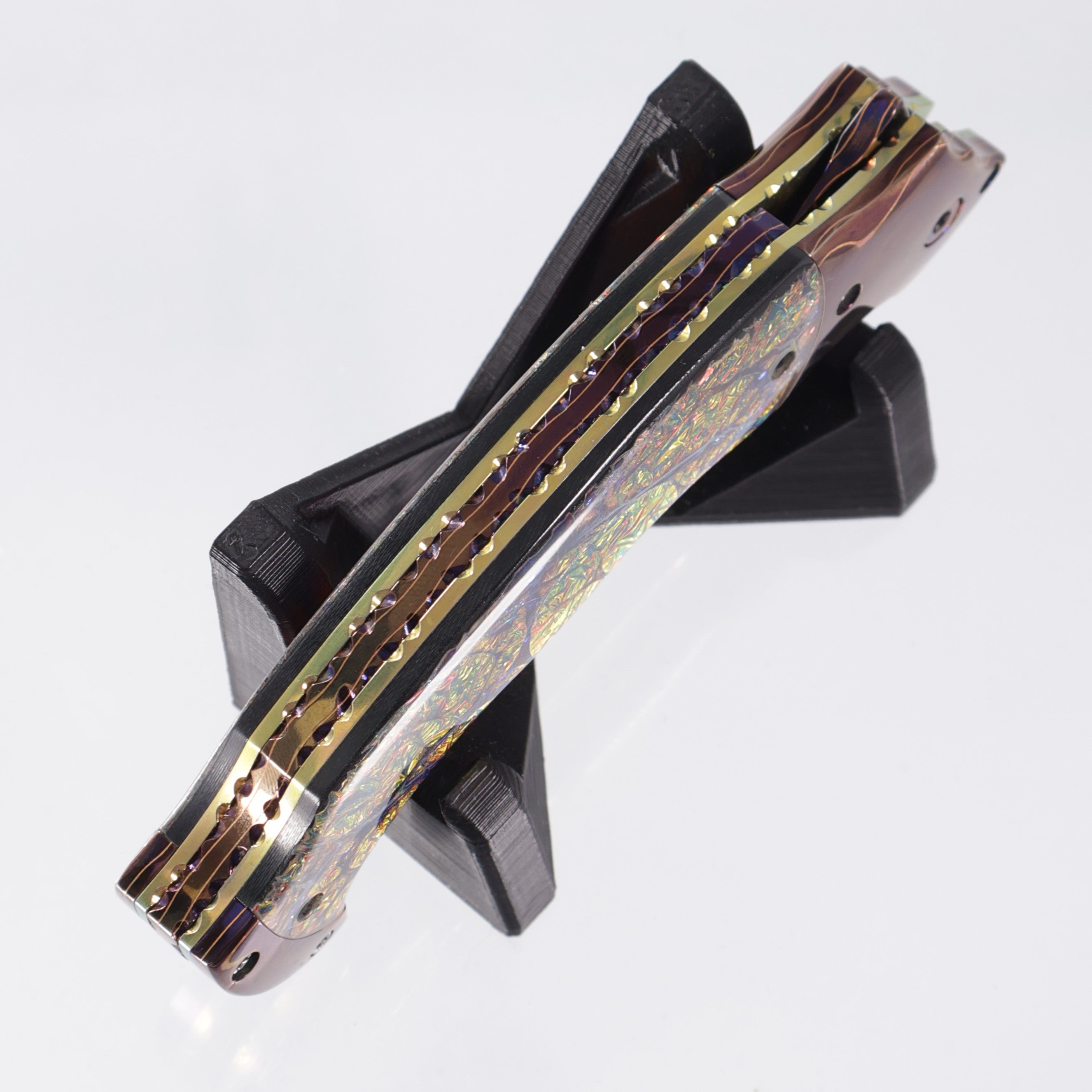 Brandon Vallotton Harbinger - Diachrolam Red Burl w/ Baker Forge Dam-Core Chevron Bolsters - Baker Forge Dam-Core Chevron Damascus