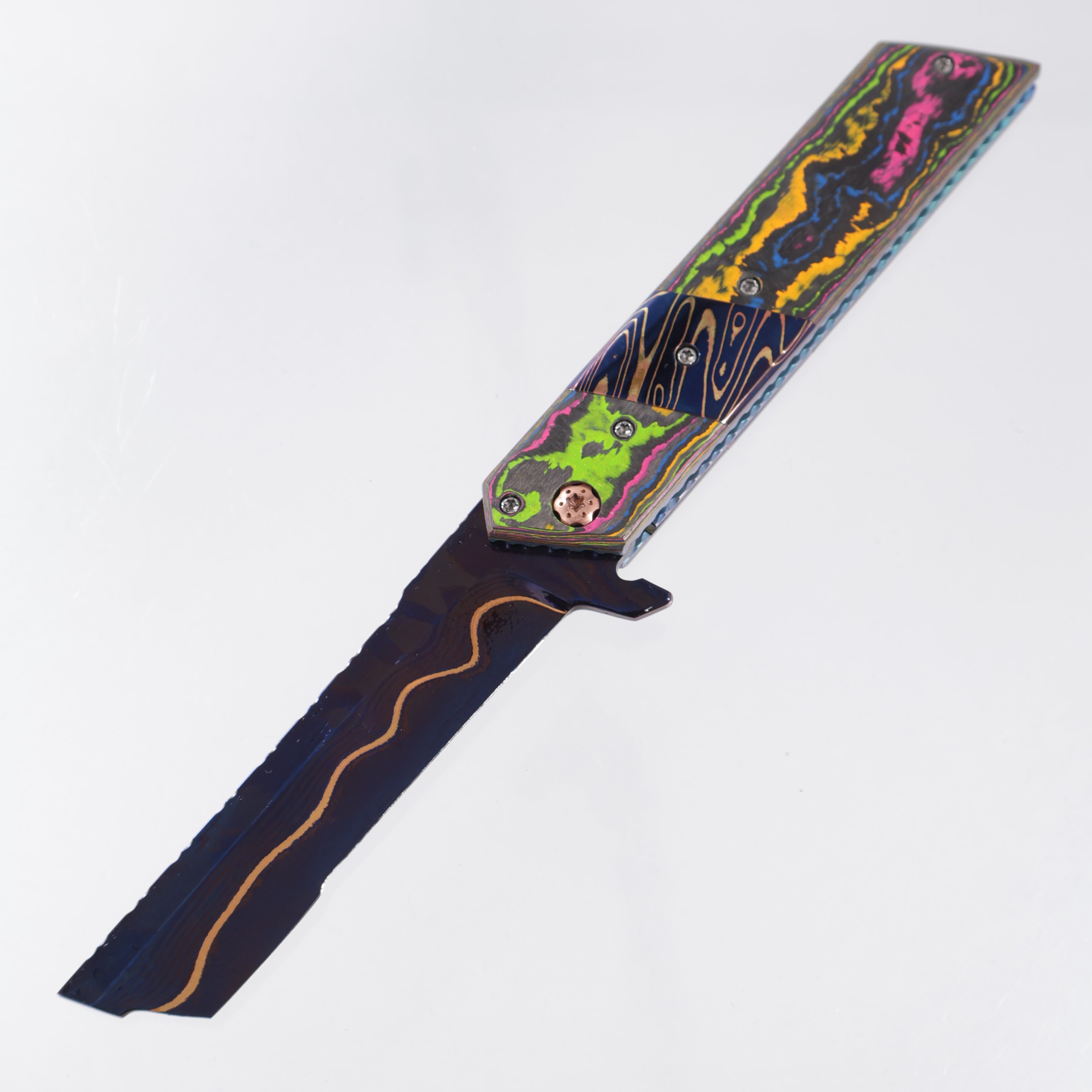 Brandon Vallotton Kaiken Flipper - 80s Camo Carbon w/ Baker Forge Dam-Core Wavy Bolsters  - Baker Forge Dam-Core Wavy Damascus