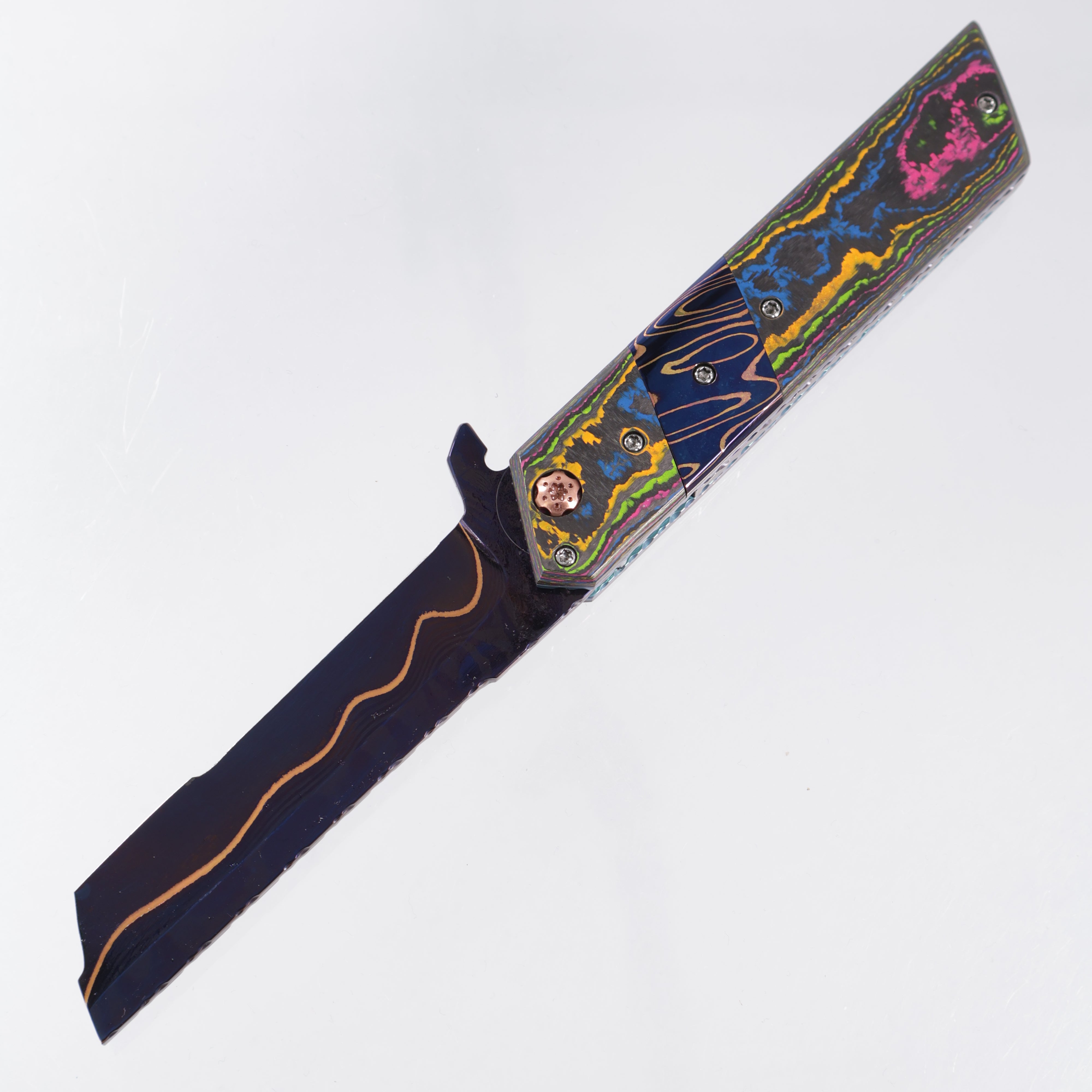 Brandon Vallotton Kaiken Flipper - 80s Camo Carbon w/ Baker Forge Dam-Core Wavy Bolsters  - Baker Forge Dam-Core Wavy Damascus