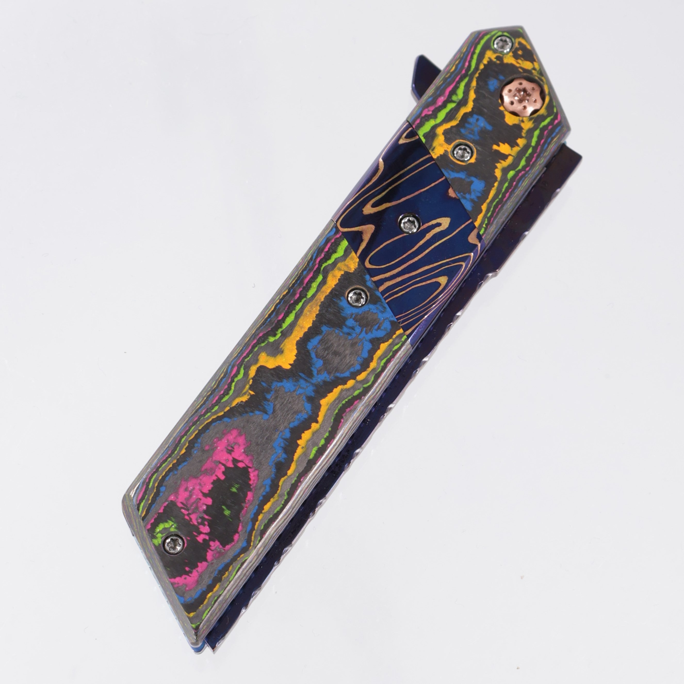 Brandon Vallotton Kaiken Flipper - 80s Camo Carbon w/ Baker Forge Dam-Core Wavy Bolsters  - Baker Forge Dam-Core Wavy Damascus