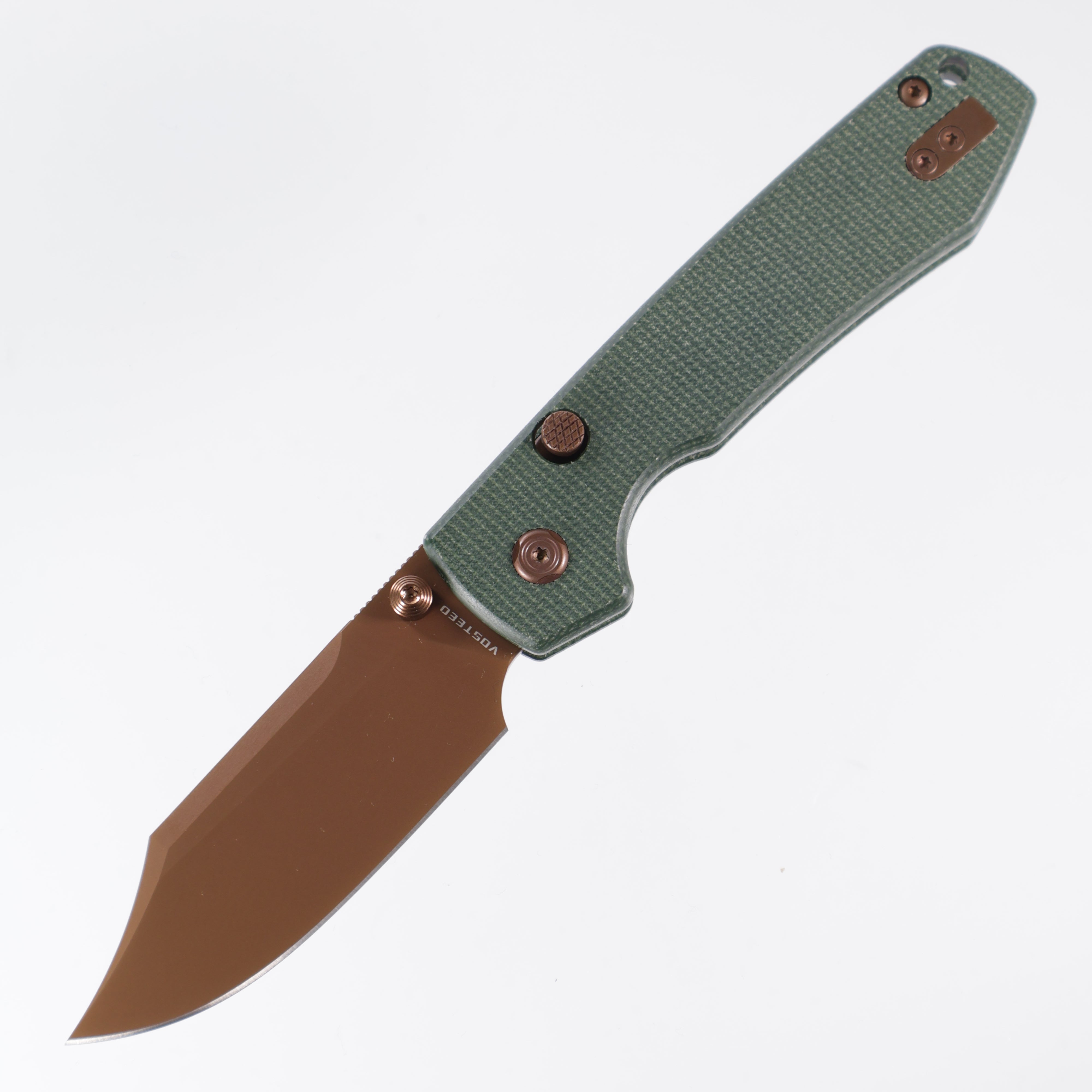 Vosteed Raccoon Top Liner Lock - 14C28N Copper Dunes Bowie - Green Micarta - A2922