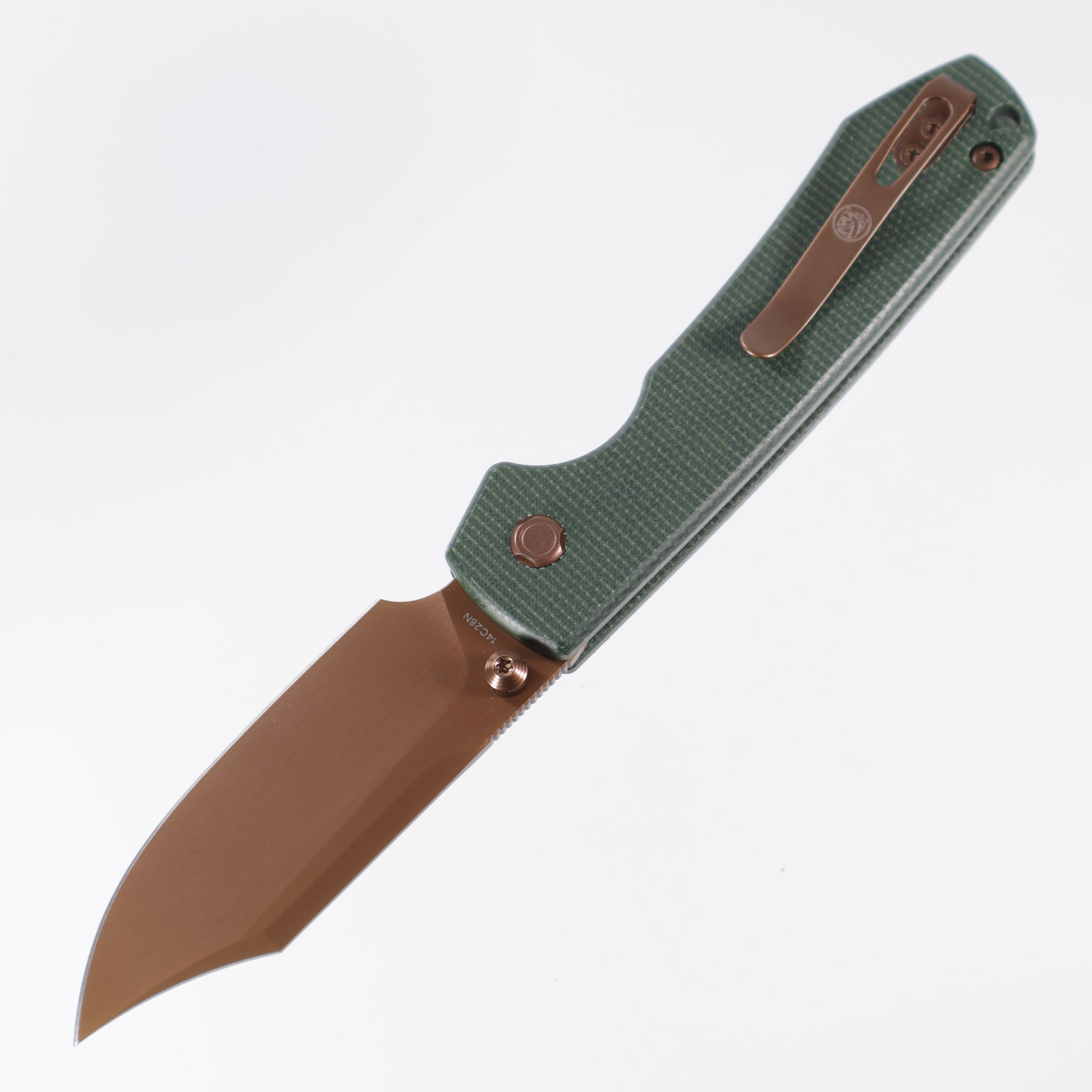 Vosteed Raccoon Top Liner Lock - 14C28N Copper Dunes Bowie - Green Micarta - A2922
