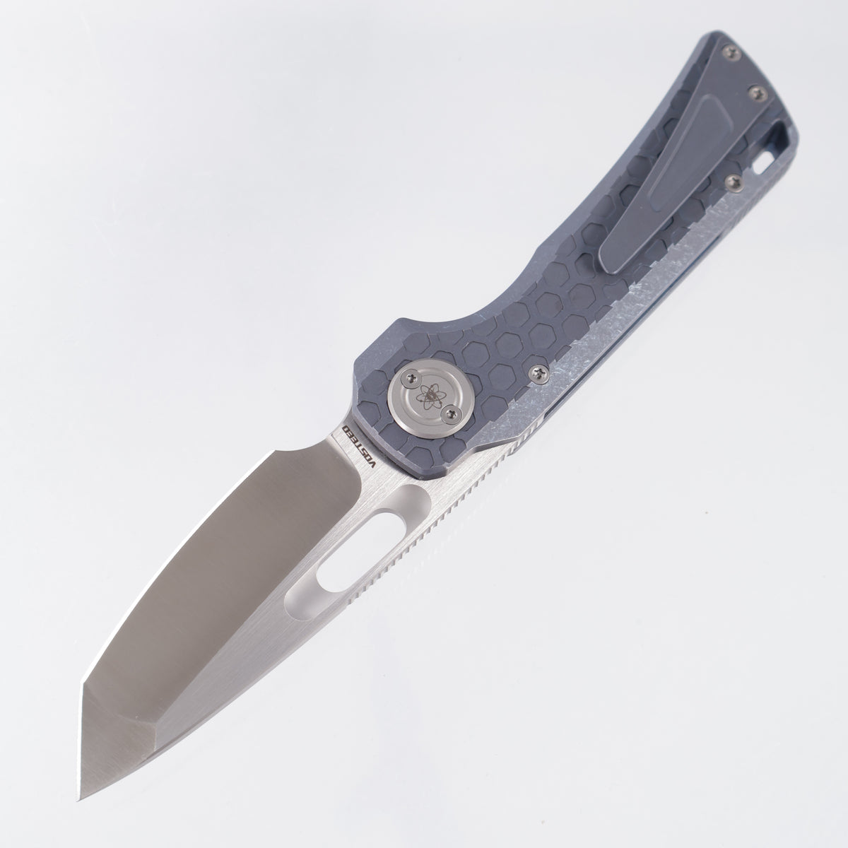 Vosteed x EMP EDC Nymble Vanchor Lock - Blue Hex Pattern Titanium Handle - Dual Satin Elmax - A4703