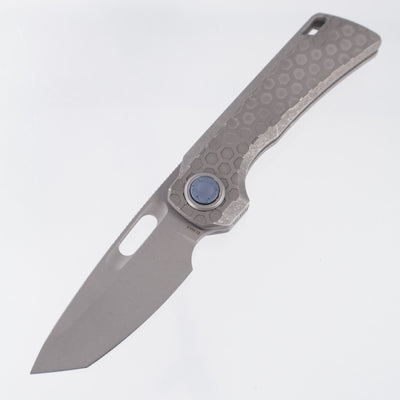 Vosteed x EMP EDC Nymble Vanchor Lock - Acid Wash Gray Hex Pattern Titanium Handle w/ Blue Pivot - Acid Wash Elmax - A4704