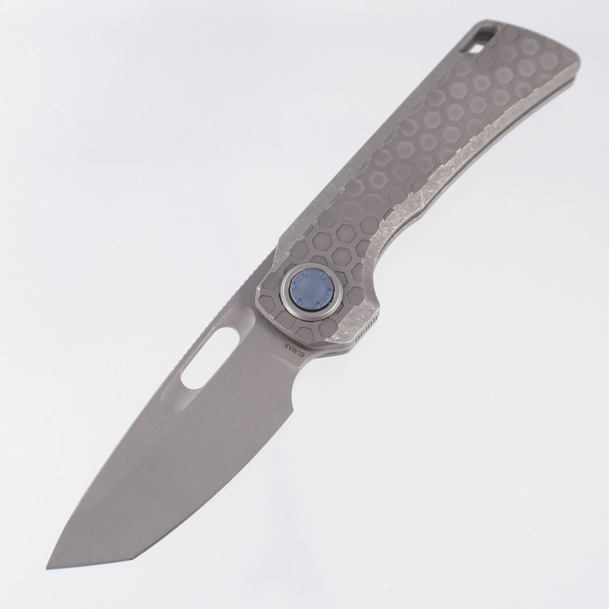 Vosteed x EMP EDC Nymble Vanchor Lock - Acid Wash Gray Hex Pattern Titanium Handle w/ Blue Pivot - Acid Wash Elmax - A4704