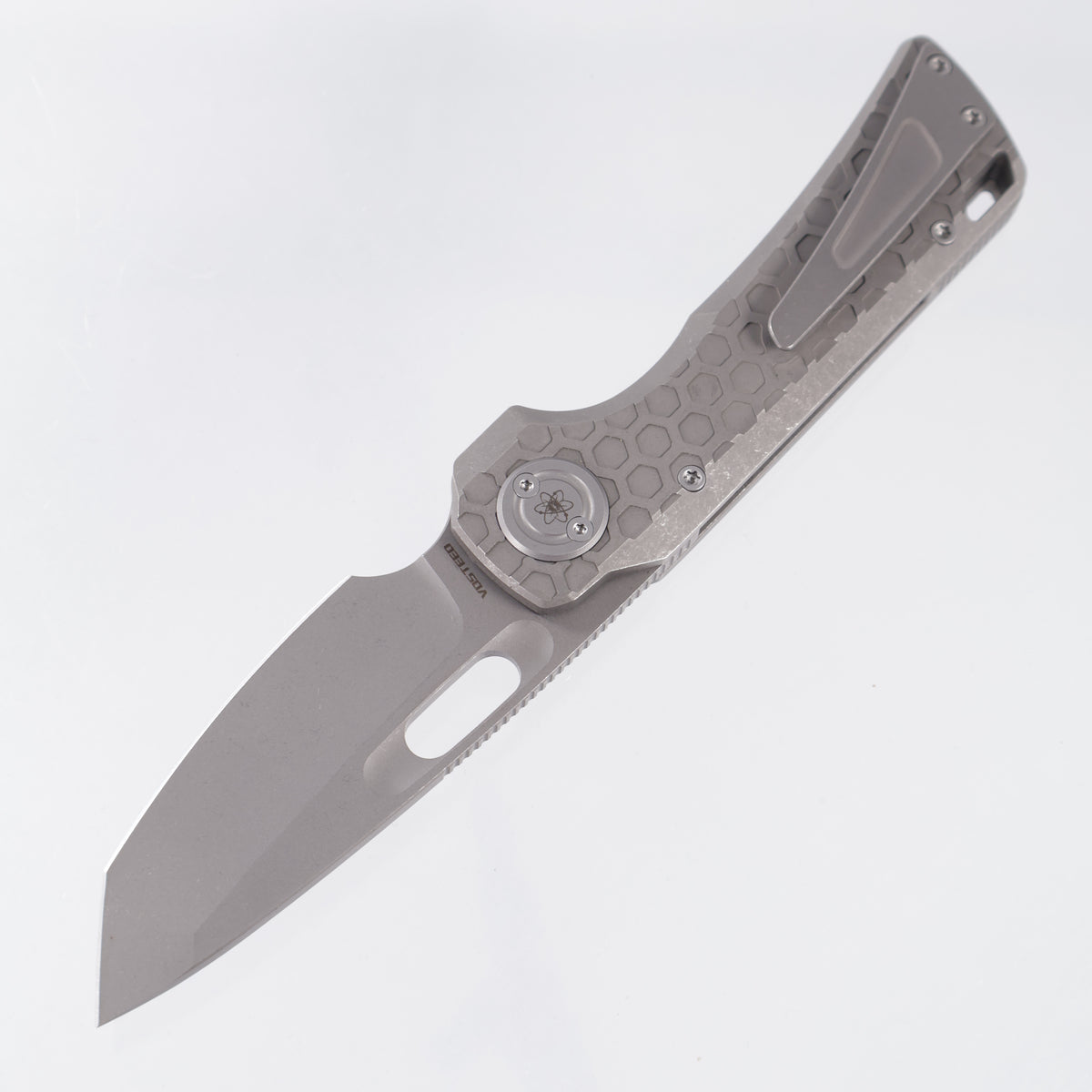 Vosteed x EMP EDC Nymble Vanchor Lock - Acid Wash Gray Hex Pattern Titanium Handle w/ Blue Pivot - Acid Wash Elmax - A4704