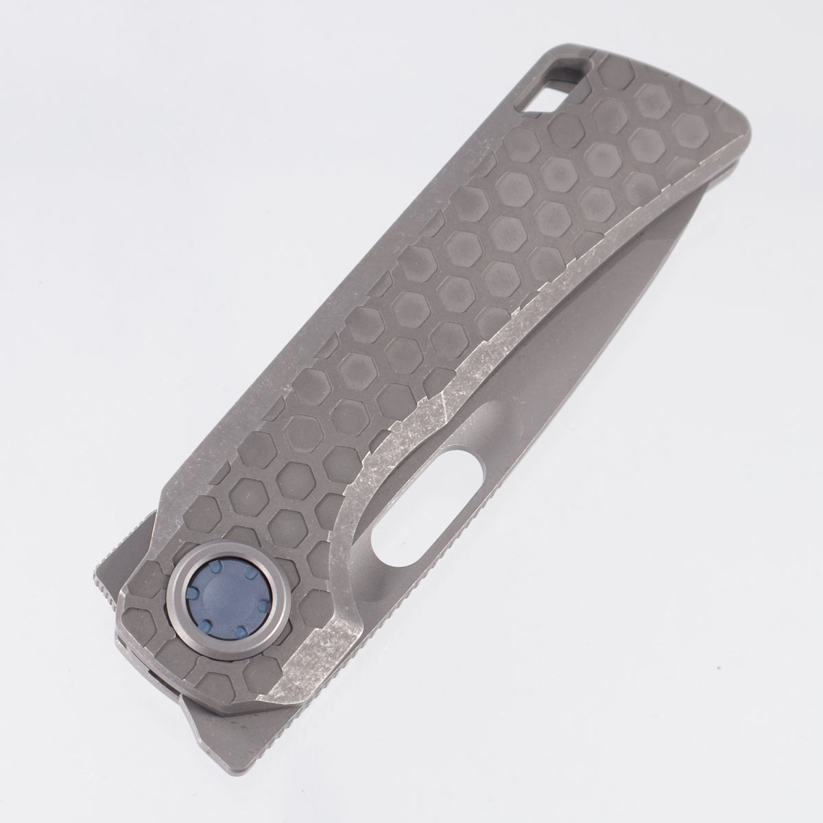 Vosteed x EMP EDC Nymble Vanchor Lock - Acid Wash Gray Hex Pattern Titanium Handle w/ Blue Pivot - Acid Wash Elmax - A4704