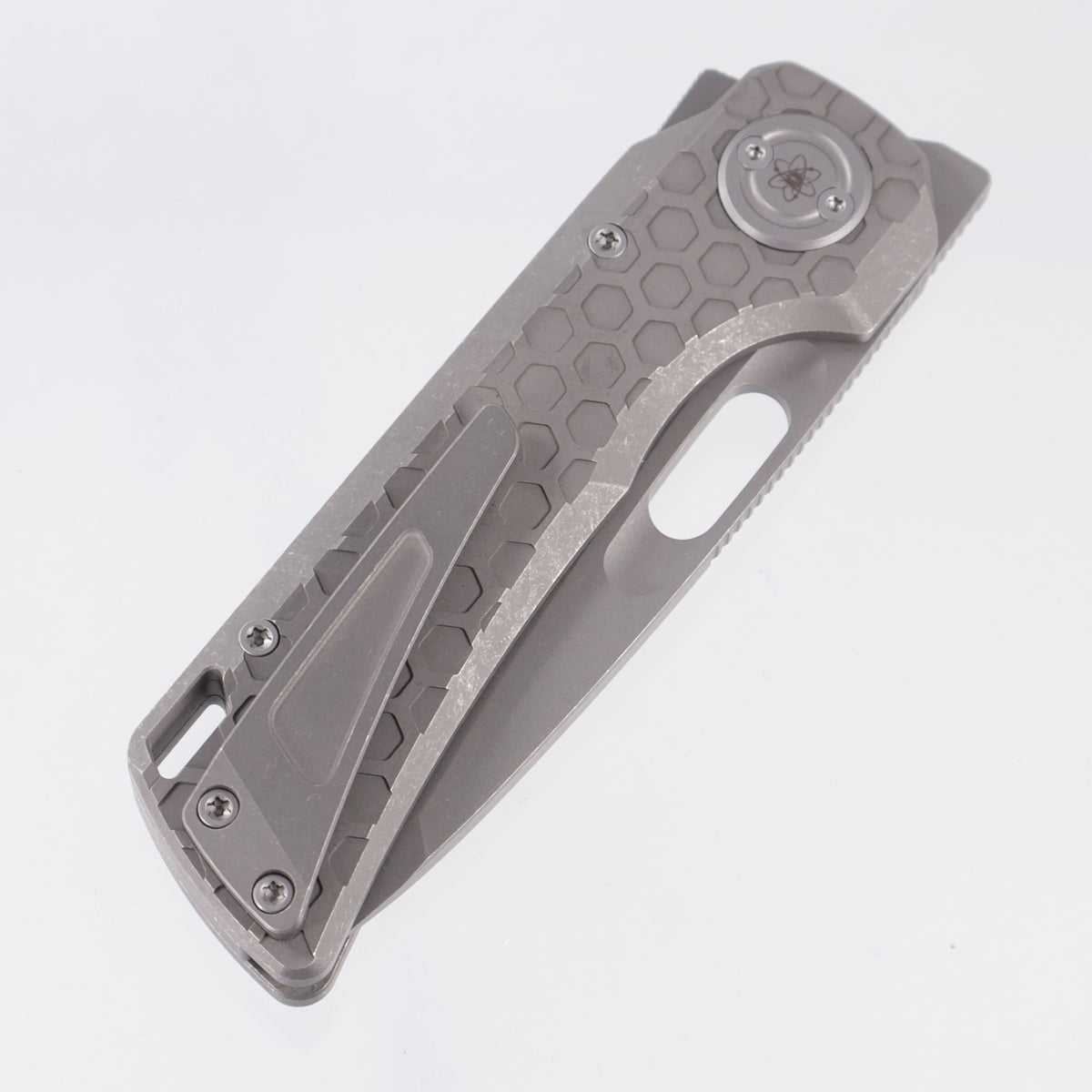 Vosteed x EMP EDC Nymble Vanchor Lock - Acid Wash Gray Hex Pattern Titanium Handle w/ Blue Pivot - Acid Wash Elmax - A4704