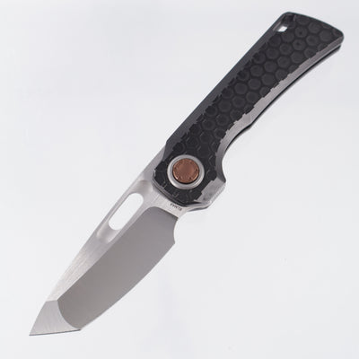 Vosteed x EMP EDC Nymble Vanchor Lock - Black Stonewash Hex Pattern Titanium Handle w/ Bronze Accents - Dual Satin Elmax - A4701