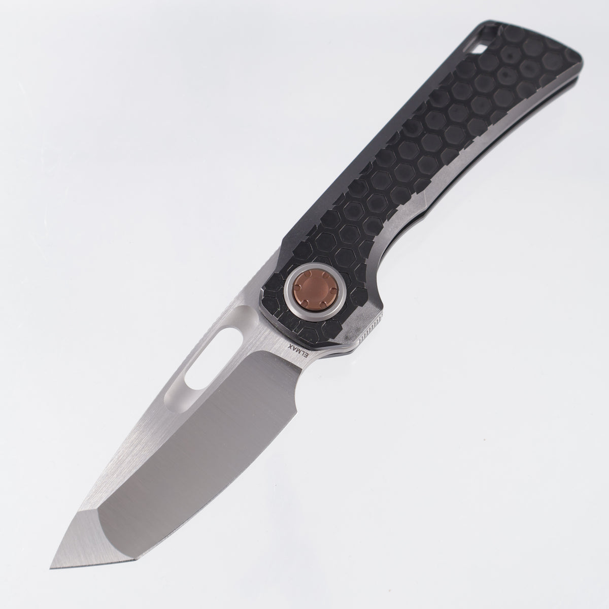 Vosteed x EMP EDC Nymble Vanchor Lock - Black Stonewash Hex Pattern Titanium Handle w/ Bronze Accents - Dual Satin Elmax - A4701
