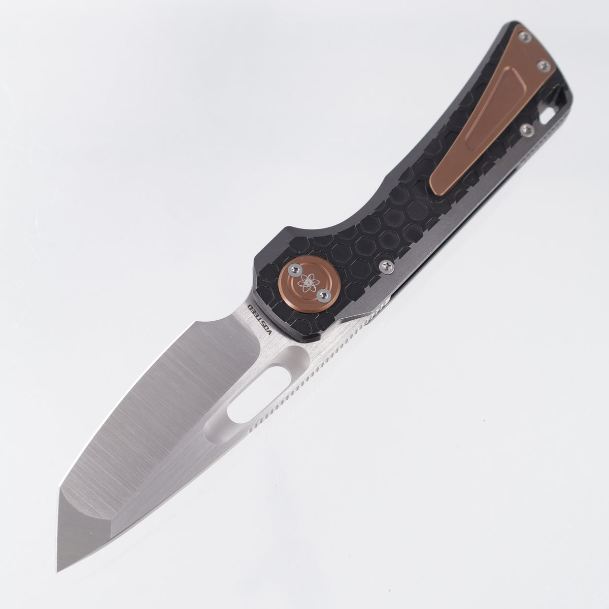 Vosteed x EMP EDC Nymble Vanchor Lock - Black Stonewash Hex Pattern Titanium Handle w/ Bronze Accents - Dual Satin Elmax - A4701