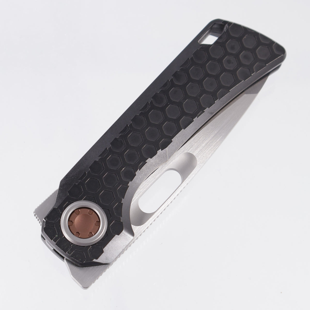 Vosteed x EMP EDC Nymble Vanchor Lock - Black Stonewash Hex Pattern Titanium Handle w/ Bronze Accents - Dual Satin Elmax - A4701