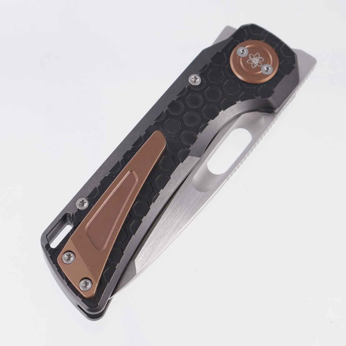 Vosteed x EMP EDC Nymble Vanchor Lock - Black Stonewash Hex Pattern Titanium Handle w/ Bronze Accents - Dual Satin Elmax - A4701