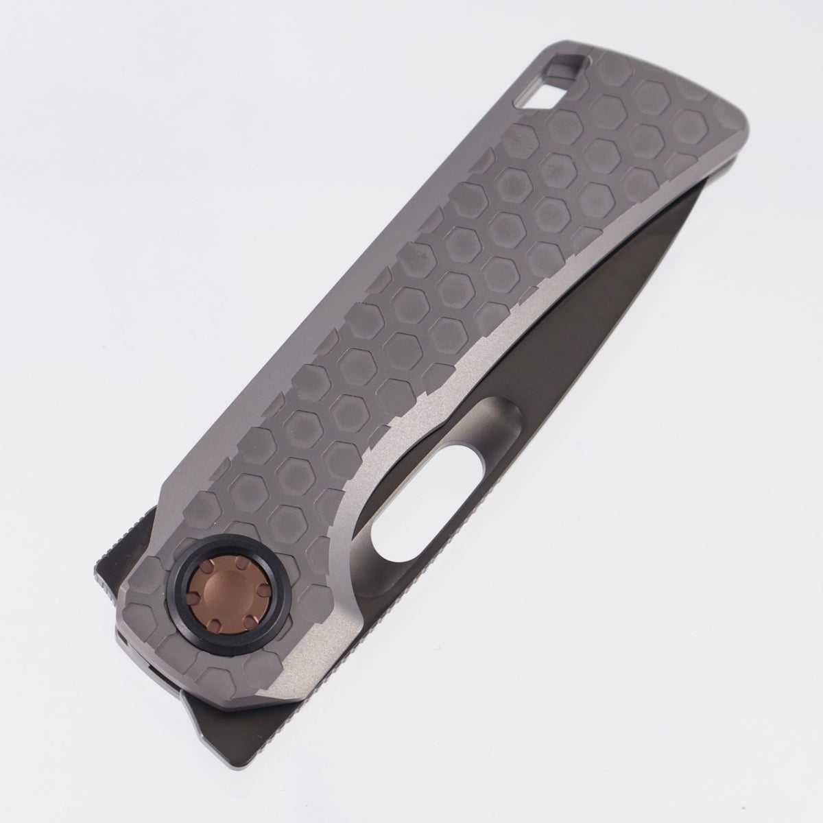 Vosteed x EMP EDC Nymble Vanchor Lock - Dark Gray Hex Pattern Titanium Handle w/ Bronze Hardware - Satin Obsidian DLC Elmax - A4705