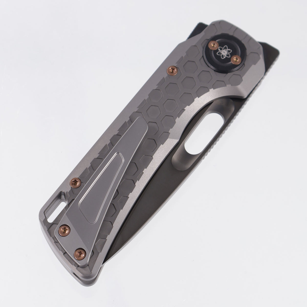 Vosteed x EMP EDC Nymble Vanchor Lock - Dark Gray Hex Pattern Titanium Handle w/ Bronze Hardware - Satin Obsidian DLC Elmax - A4705