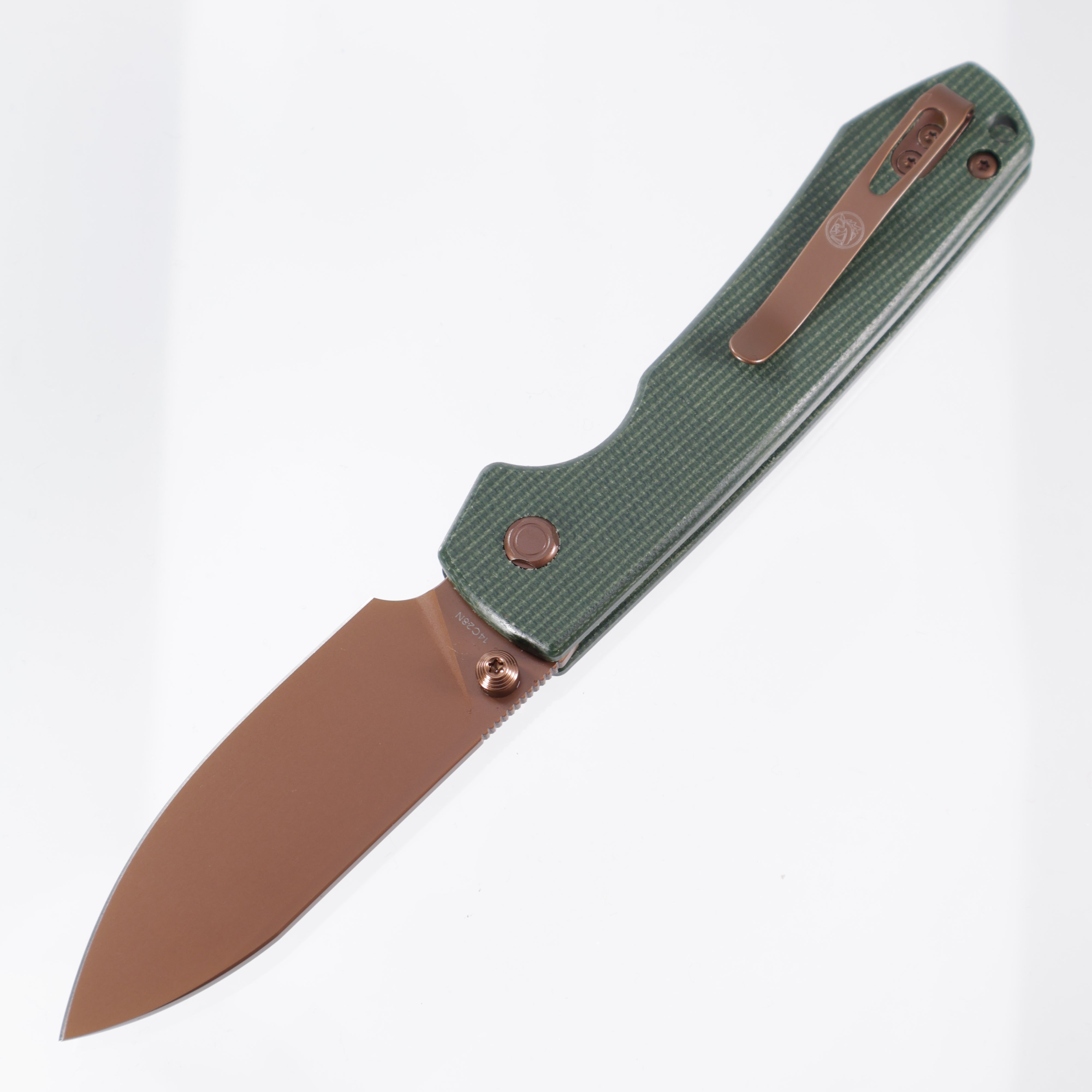 Vosteed Raccoon Top Liner Lock - 14C28N Copper Dunes - Green Micarta - A2907
