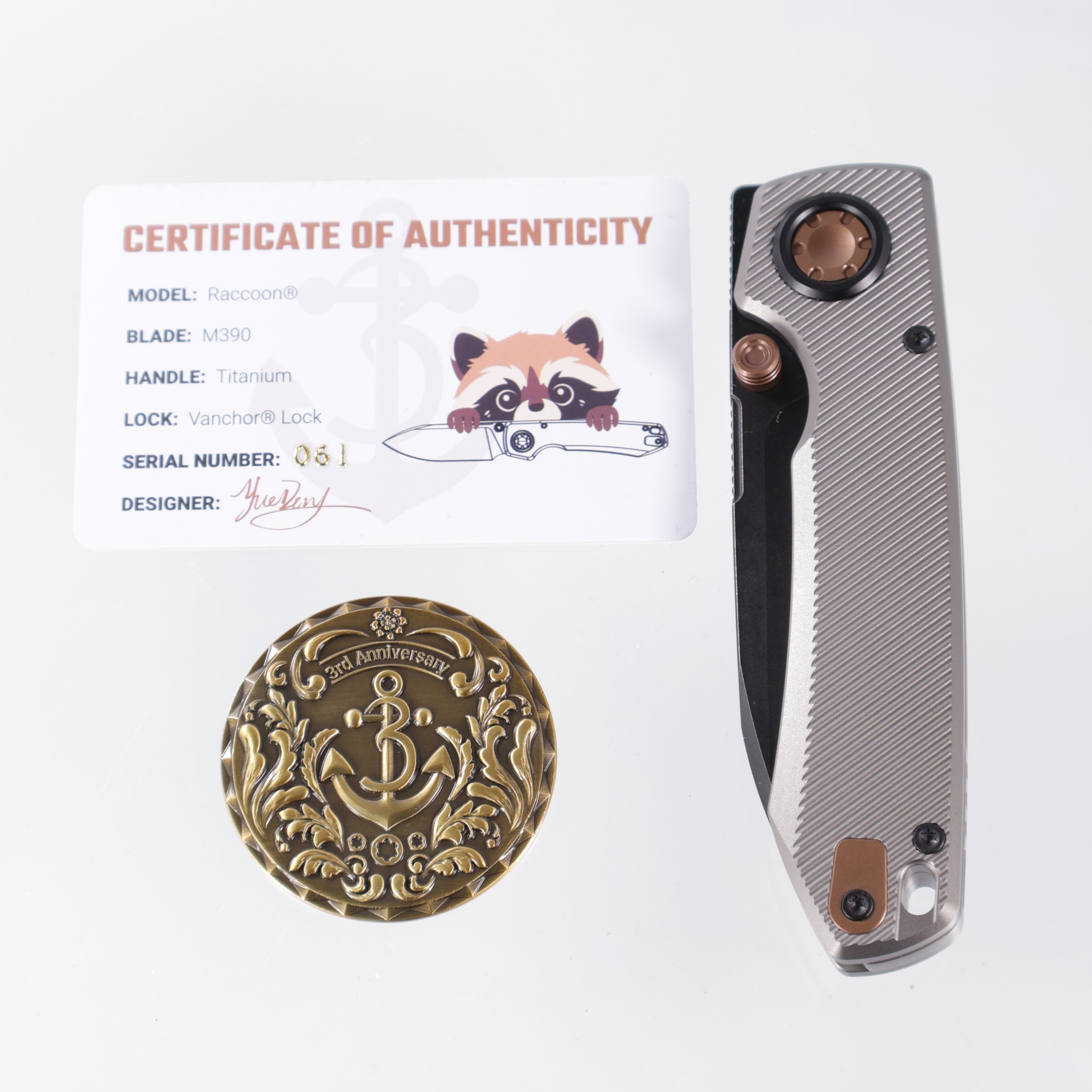 Vosteed Raccoon V -Dim Gray Titanium w/ Copper Dune accents - Black Stonewash M390 - A4004