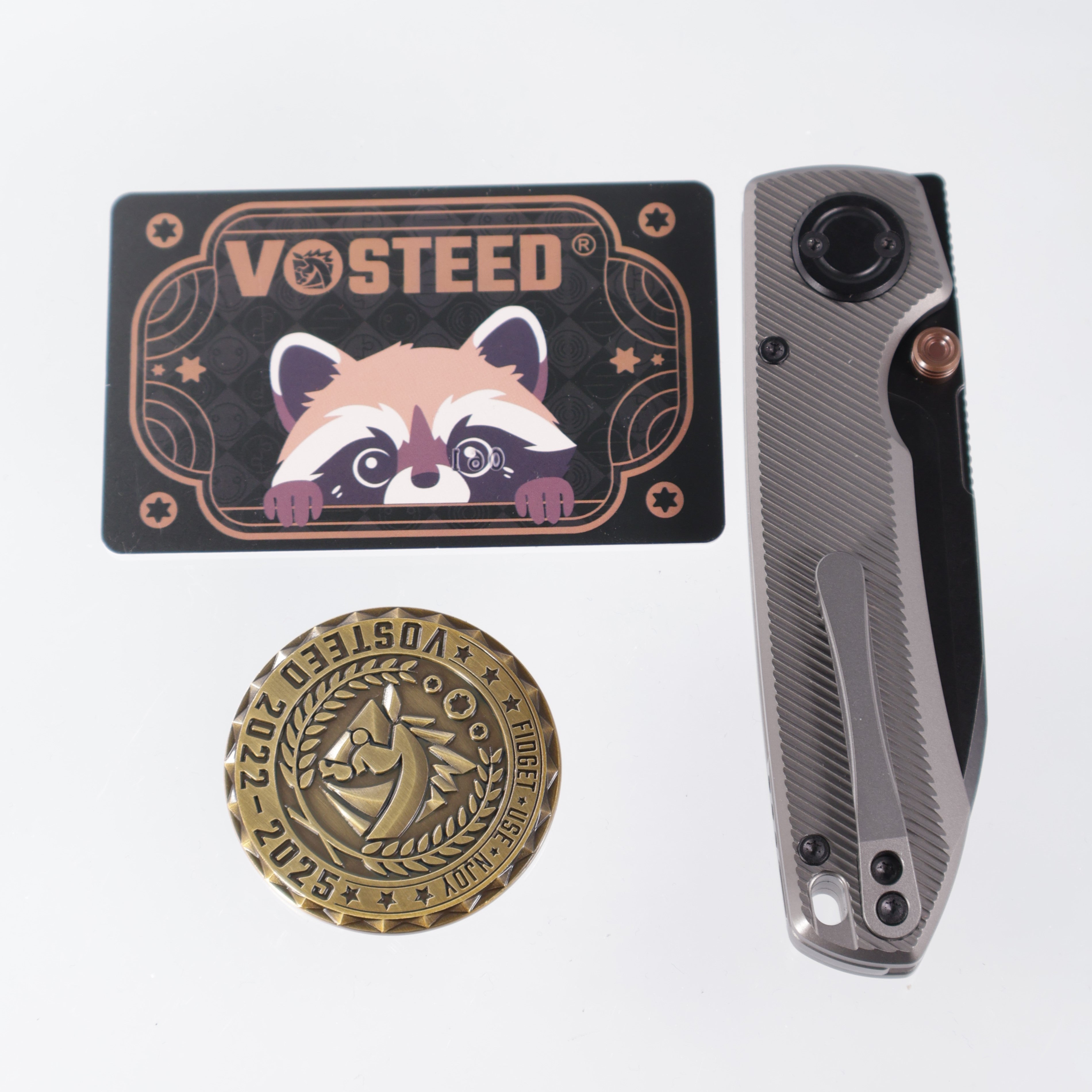Vosteed Raccoon V -Dim Gray Titanium w/ Copper Dune accents - Black Stonewash M390 - A4004