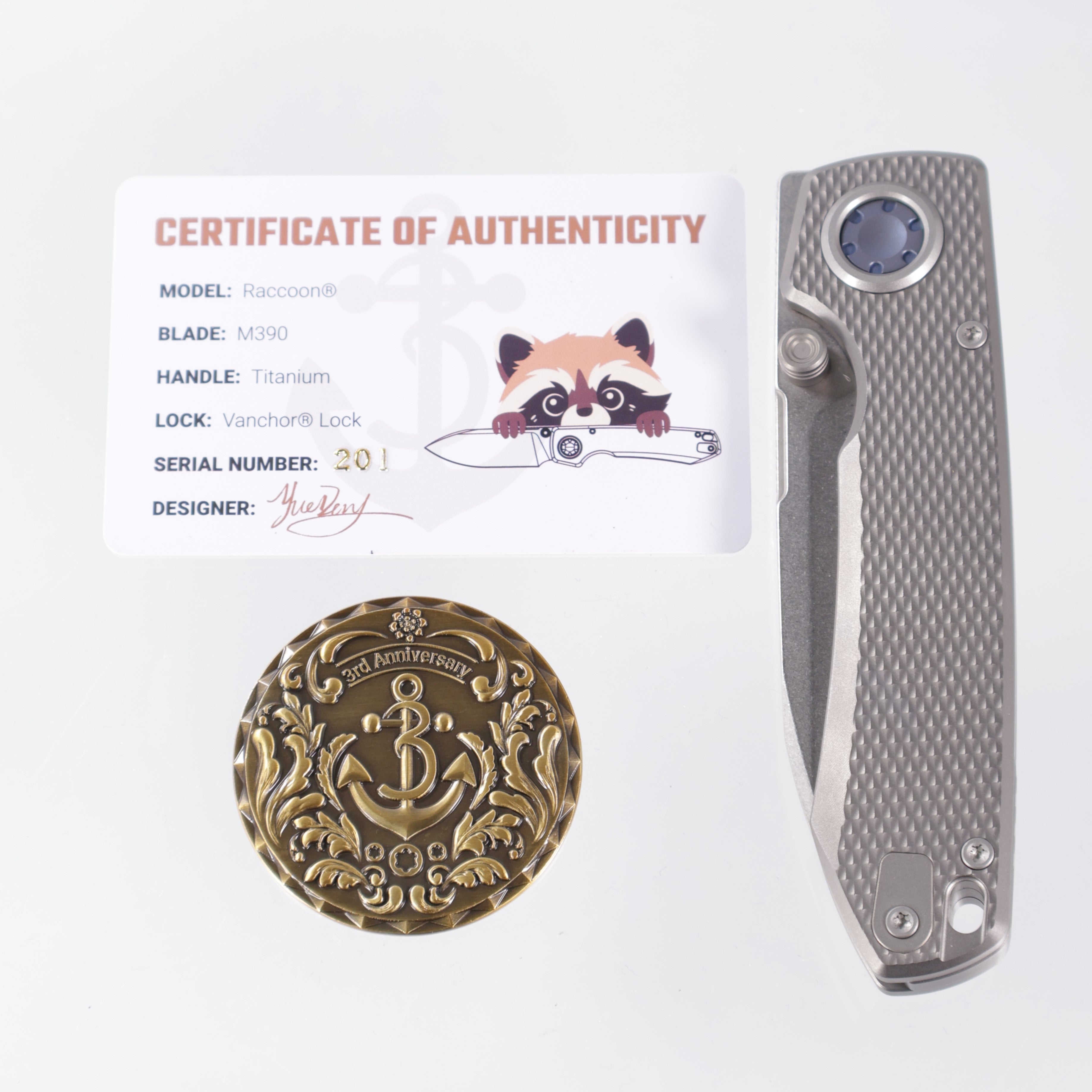 Vosteed Raccoon V - Dim Gray Titanium w/ Blue Button - Stonewash M390 - A4001