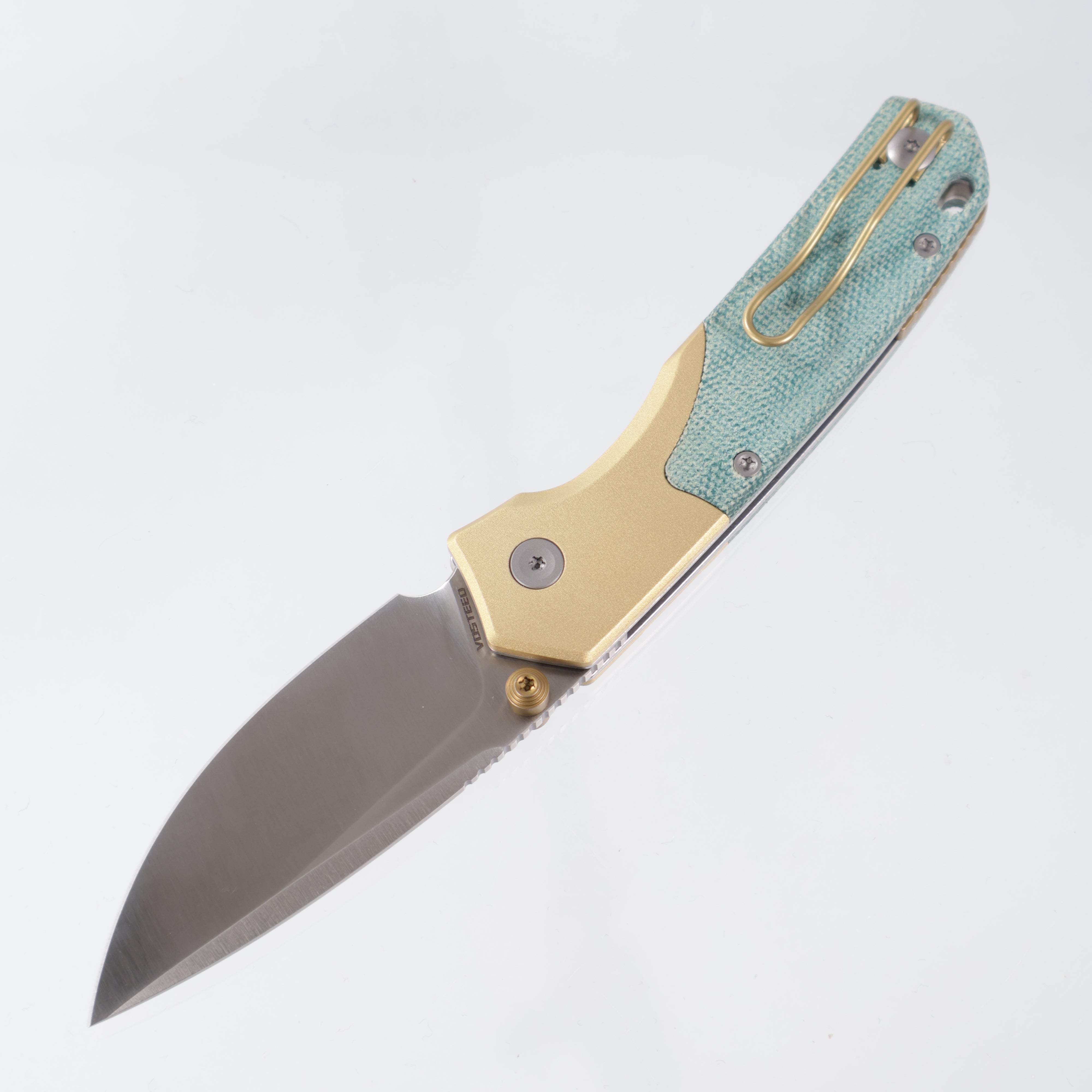 Vosteed Psyop 299 - Teal Norplex UltreX™ Micarta & Brass Bolster - Satin S35VN - A2221
