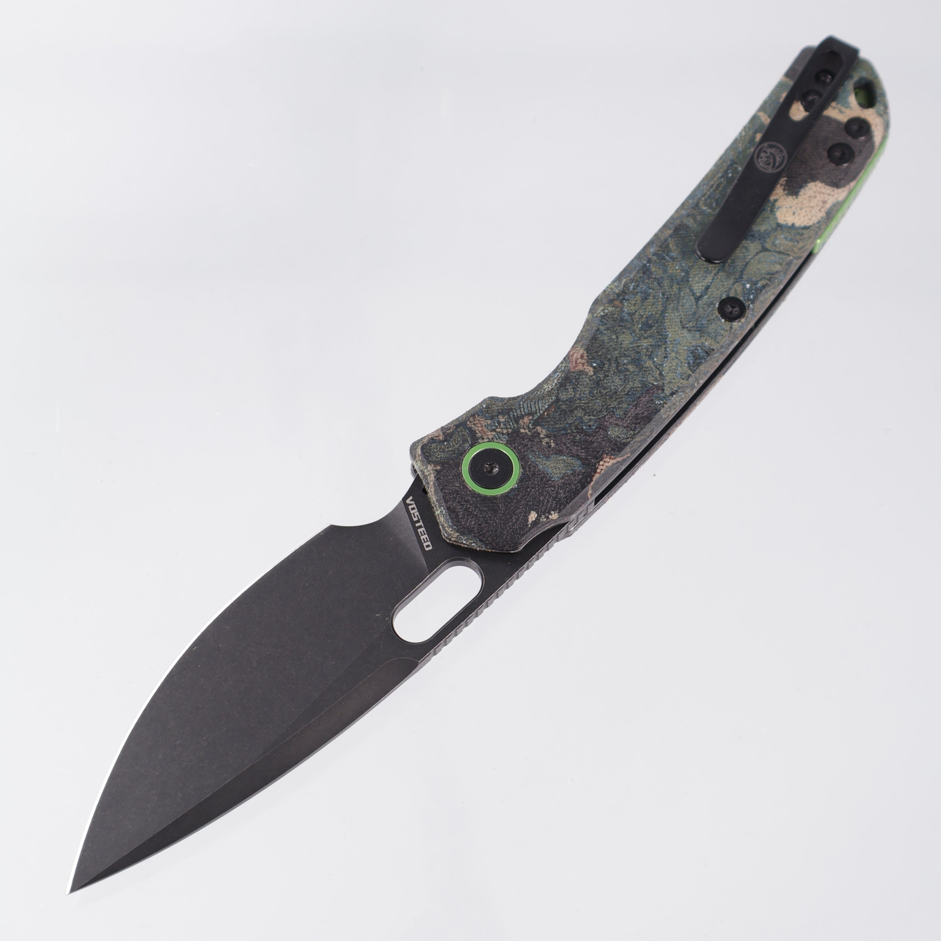 Vosteed Psyop - Blue Current Canvas Rag Burl Micarta - Black Stonewash Elmax - A2235