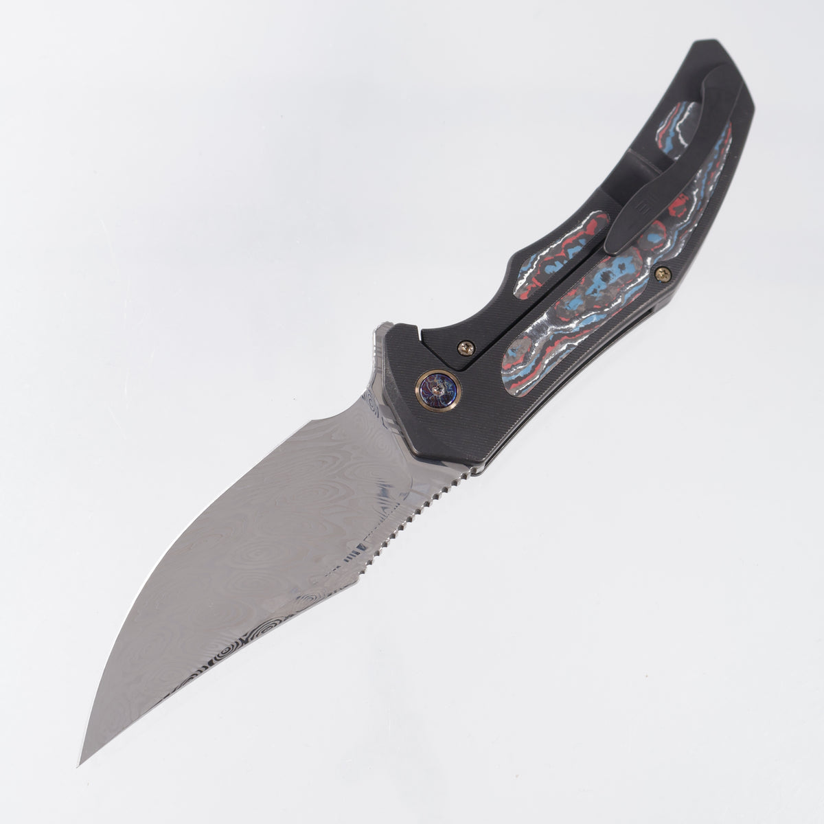 WE Knife Magnetron - Black Stonewash Titanium w/ Nebula Fat Carbon Inlays & Gold Accents - Heimskringla Damasteel - WE18058-DS1