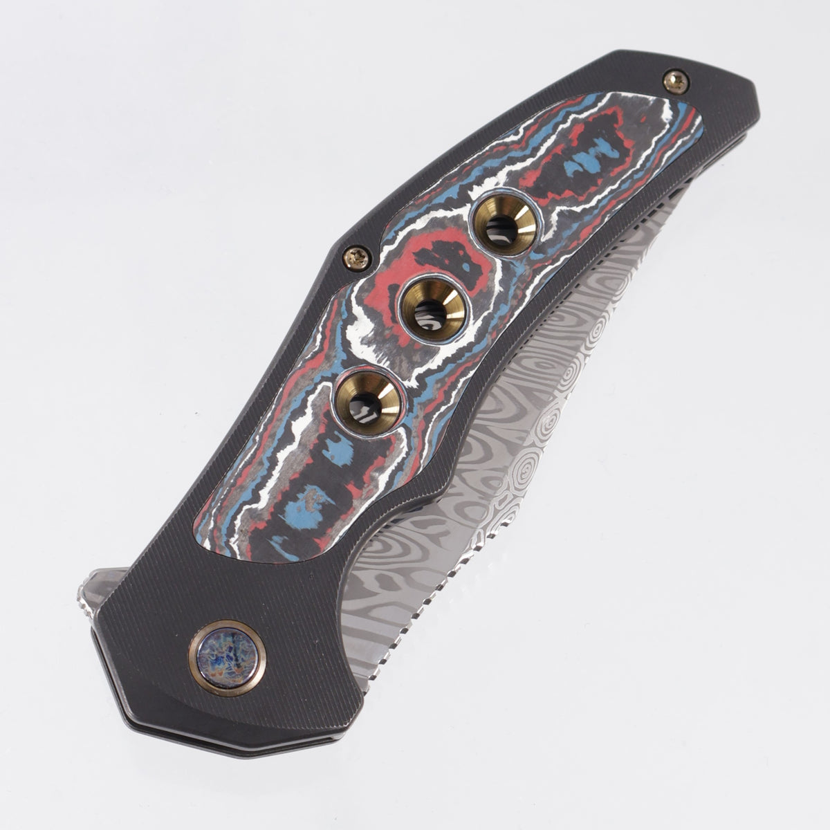WE Knife Magnetron - Black Stonewash Titanium w/ Nebula Fat Carbon Inlays & Gold Accents - Heimskringla Damasteel - WE18058-DS1