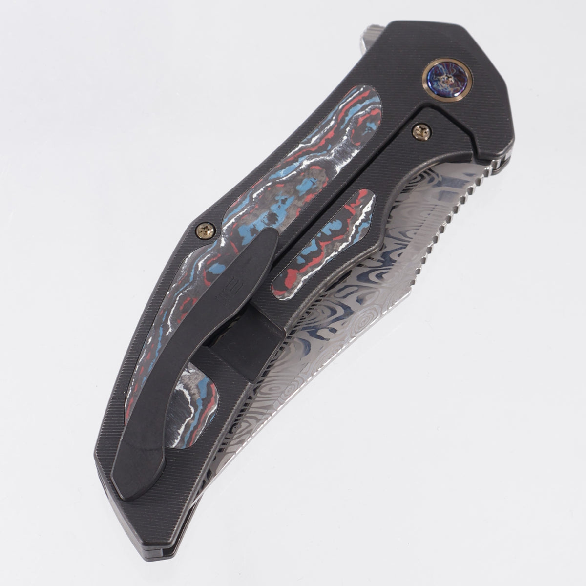 WE Knife Magnetron - Black Stonewash Titanium w/ Nebula Fat Carbon Inlays & Gold Accents - Heimskringla Damasteel - WE18058-DS1
