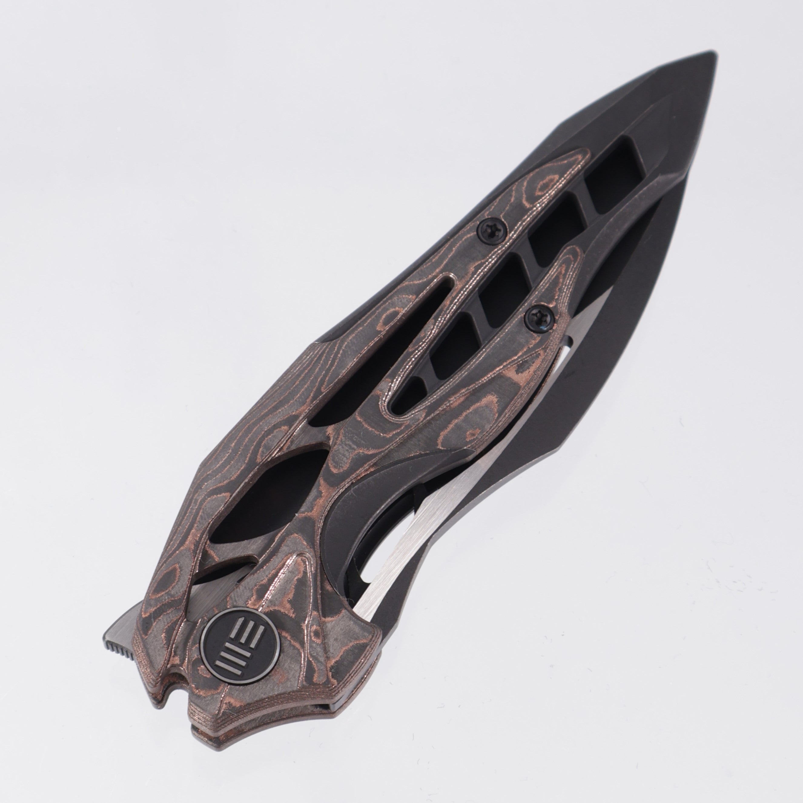 WE Knife Arrakis Integral - Black Stonewash Titanium Frame w/ Copperfoil Carbon Fiber Inlays - 2-Tone Black Stonewash/Satin Vanax Blade - 906CF-E