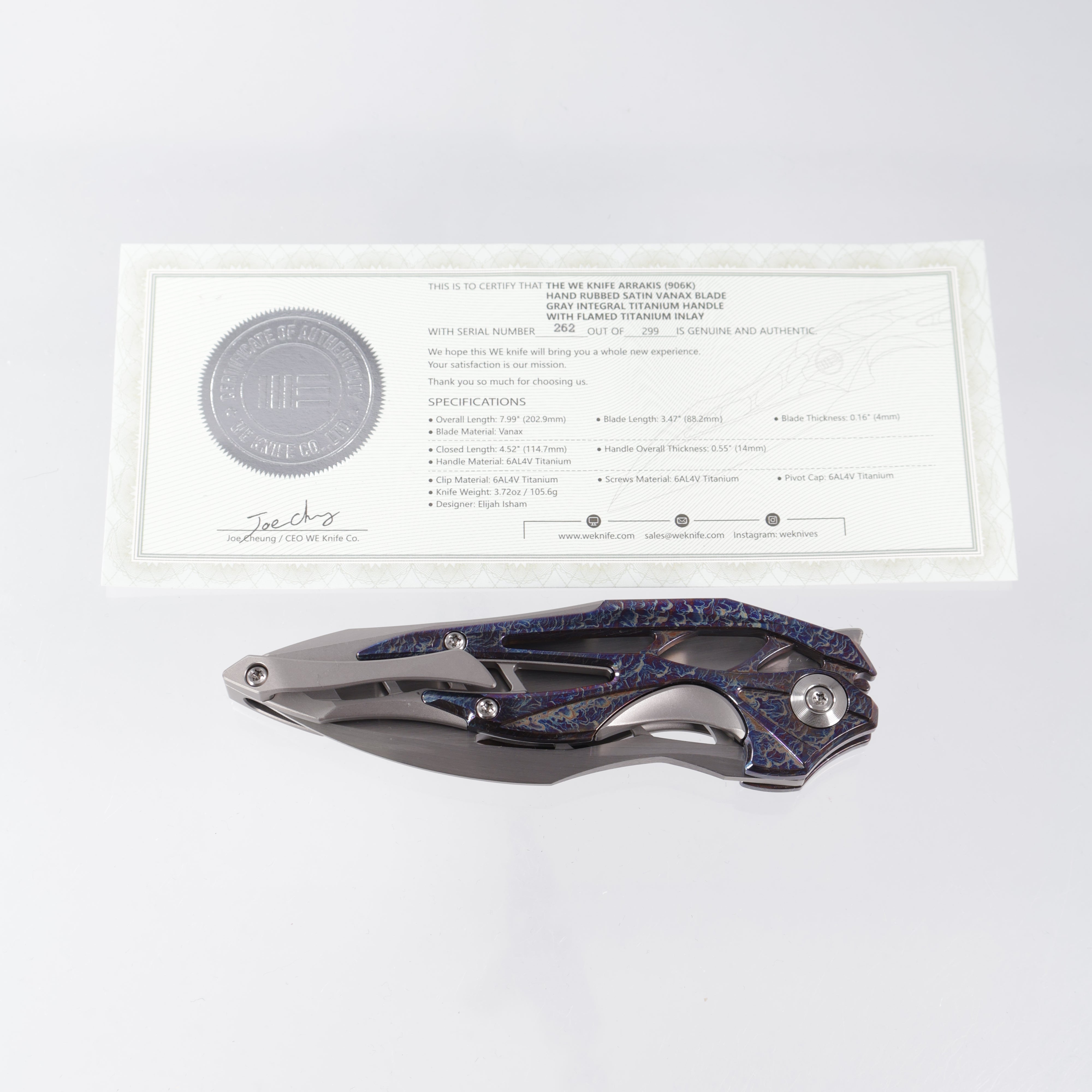 WE Knife Arrakis Integral - Stonewash Titanium Frame w/ Flamed Titanium Inlays - Hand Rubbed Satin Vanax Blade - 906K