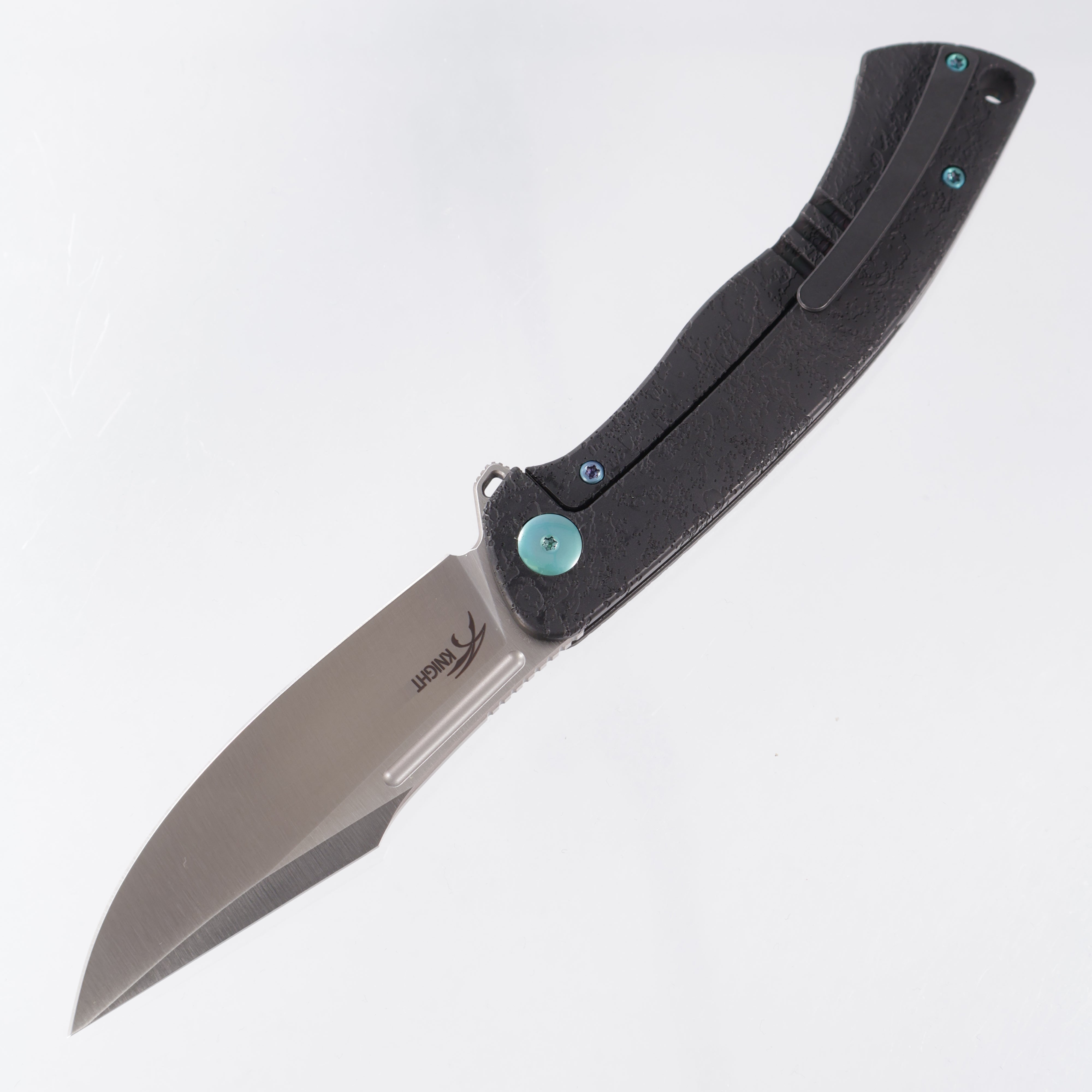 WE Knife Essential Knight - Black Textured Titanium w/ Teal Anodized Hardware - Satin M390 - WE24003-1