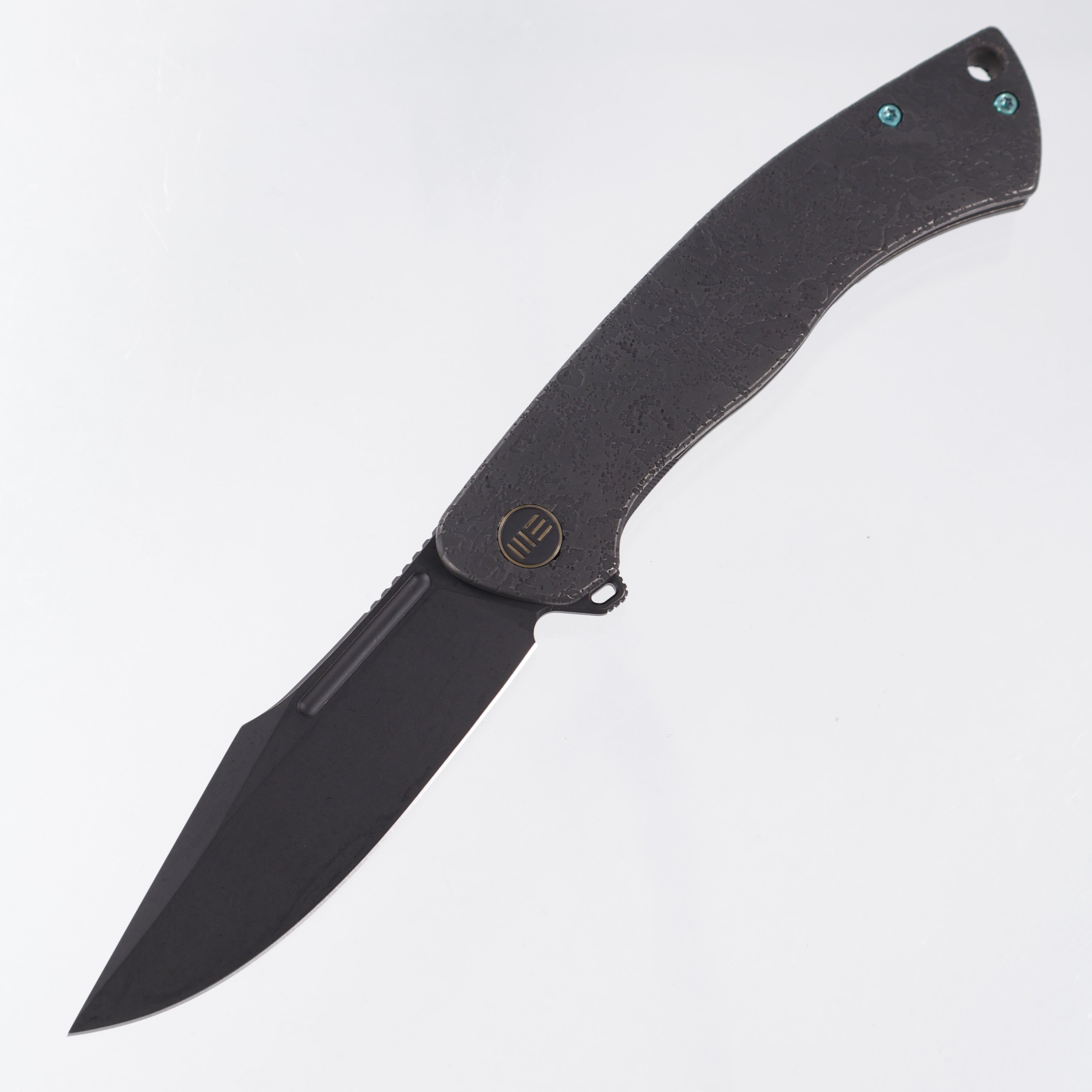 WE Knife Essential Knight - Black Textured Titanium w/ Teal Anodized Hardware - Black Stonewash M390 - WE24003-2