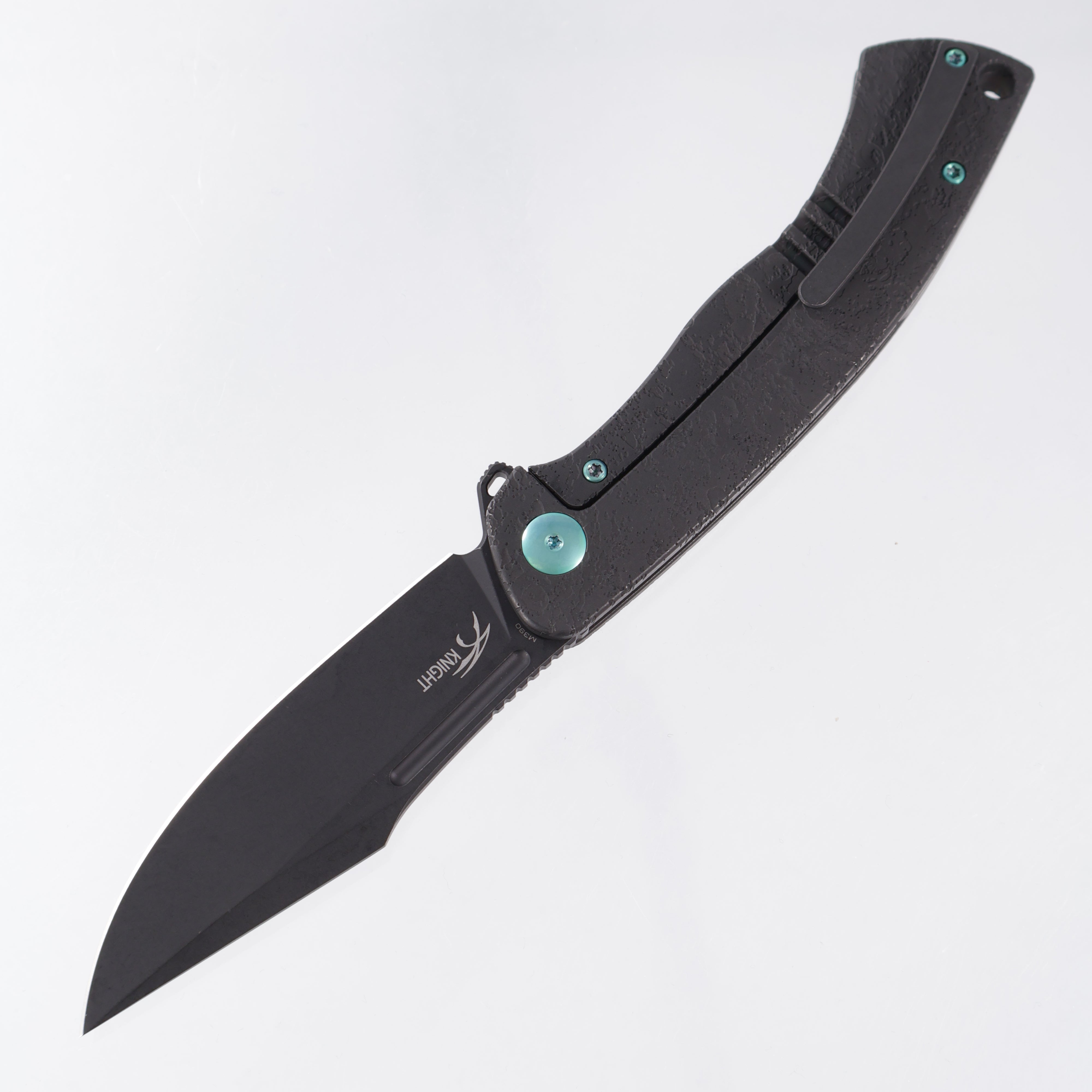 WE Knife Essential Knight - Black Textured Titanium w/ Teal Anodized Hardware - Black Stonewash M390 - WE24003-2