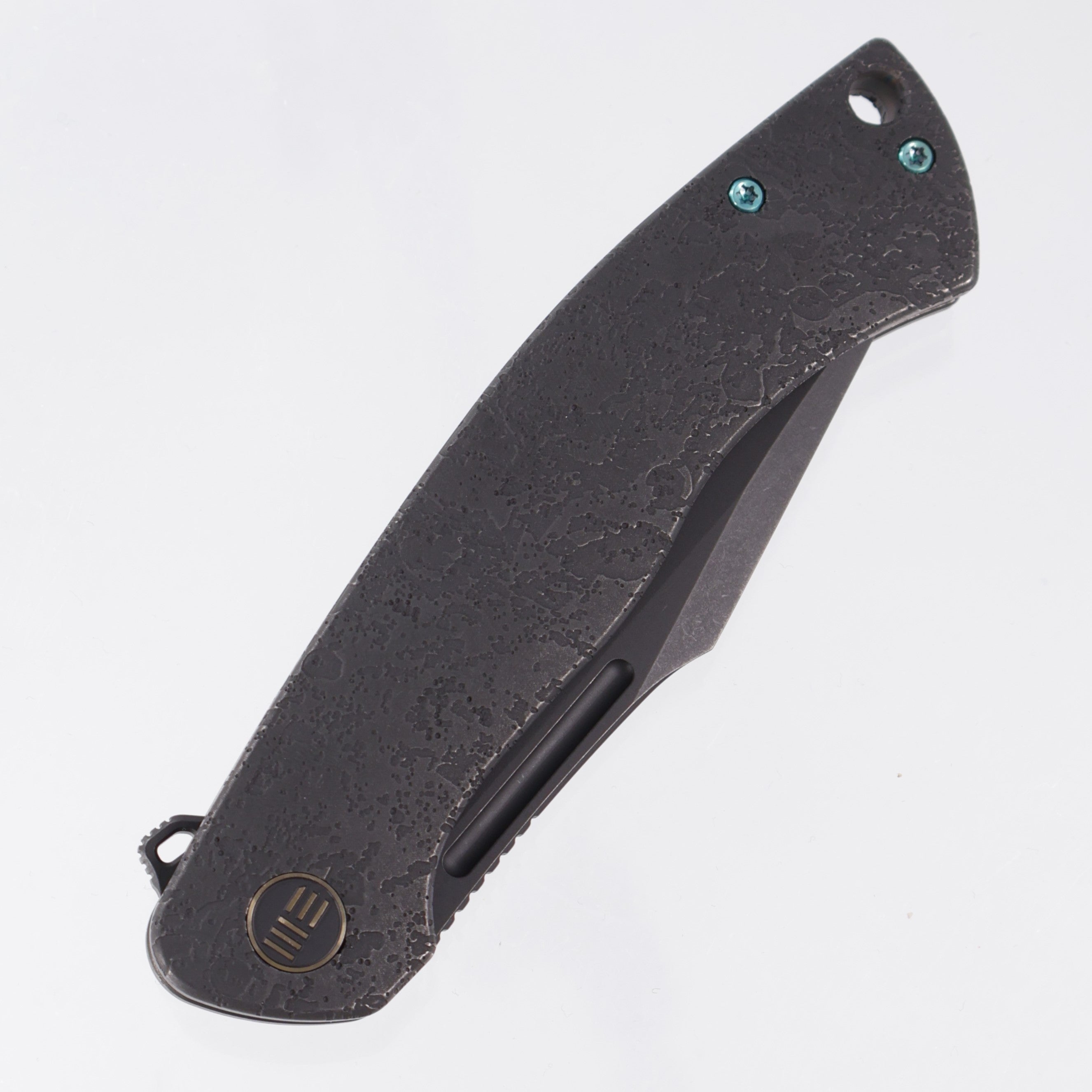 WE Knife Essential Knight - Black Textured Titanium w/ Teal Anodized Hardware - Black Stonewash M390 - WE24003-2