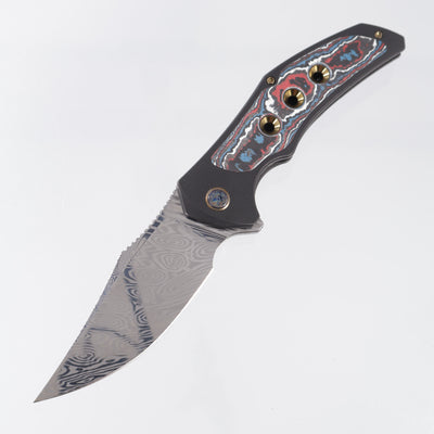 WE Knife Magnetron - Black Stonewash Titanium w/ Nebula Fat Carbon Inlays & Gold Accents - Heimskringla Damasteel - WE18058-DS1