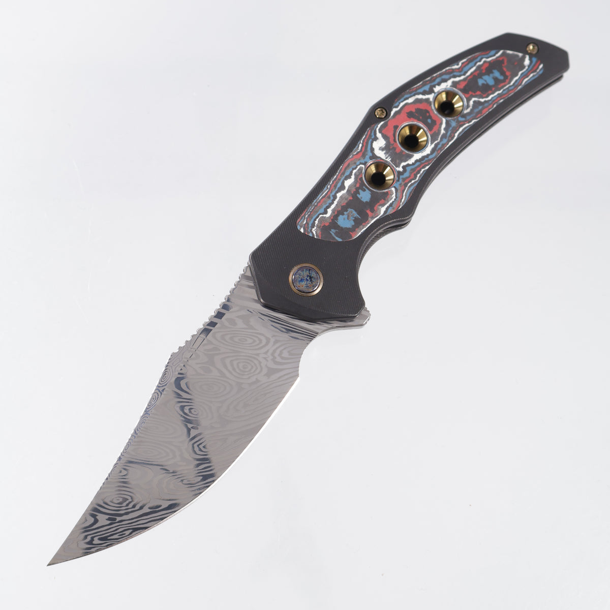 WE Knife Magnetron - Black Stonewash Titanium w/ Nebula Fat Carbon Inlays & Gold Accents - Heimskringla Damasteel - WE18058-DS1