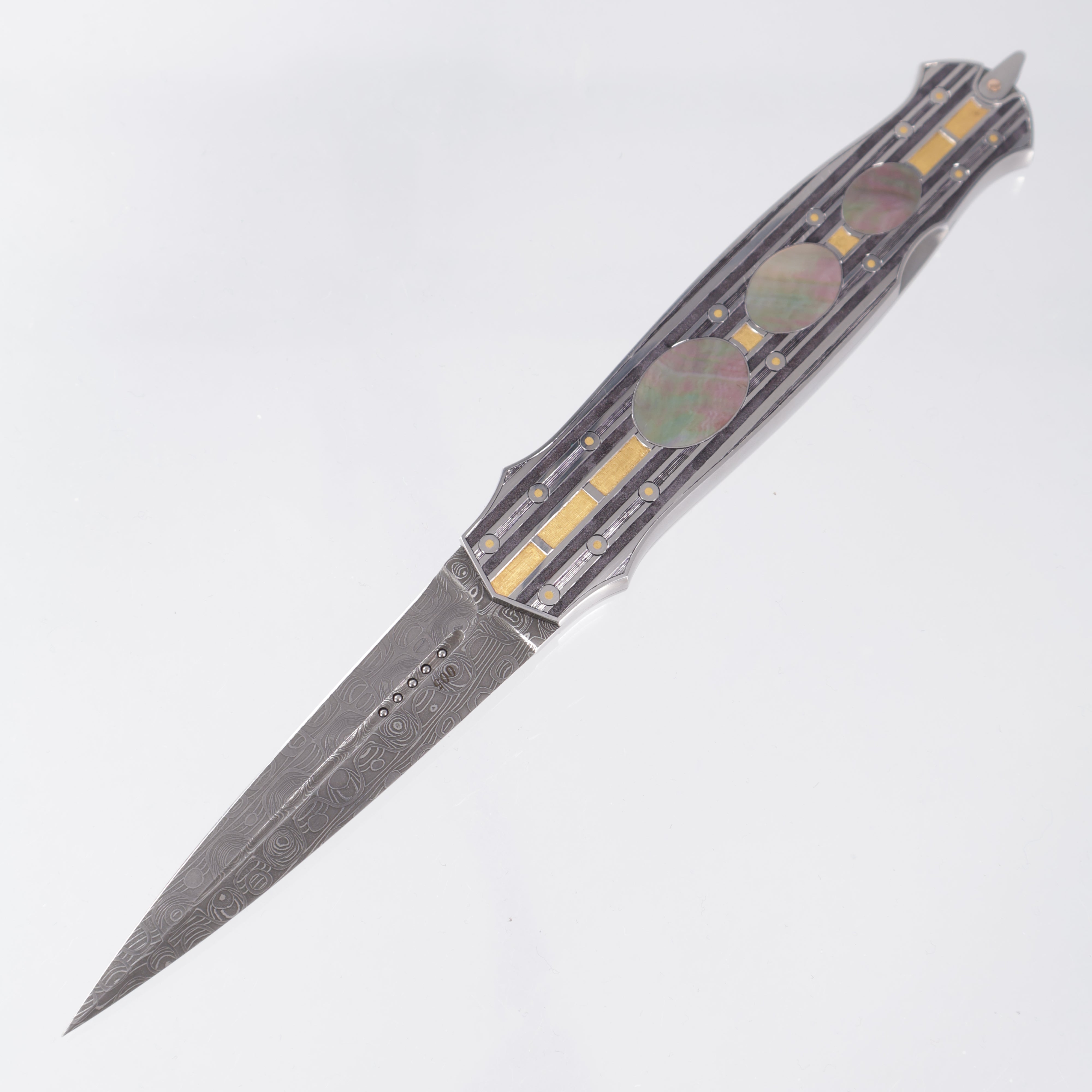 Warren Osborne Interframe Lockback Custom - Engraved Titanium w/ Gold & Black Lip Pearl Inlays - Damascus Blade *PRE-OWNED*