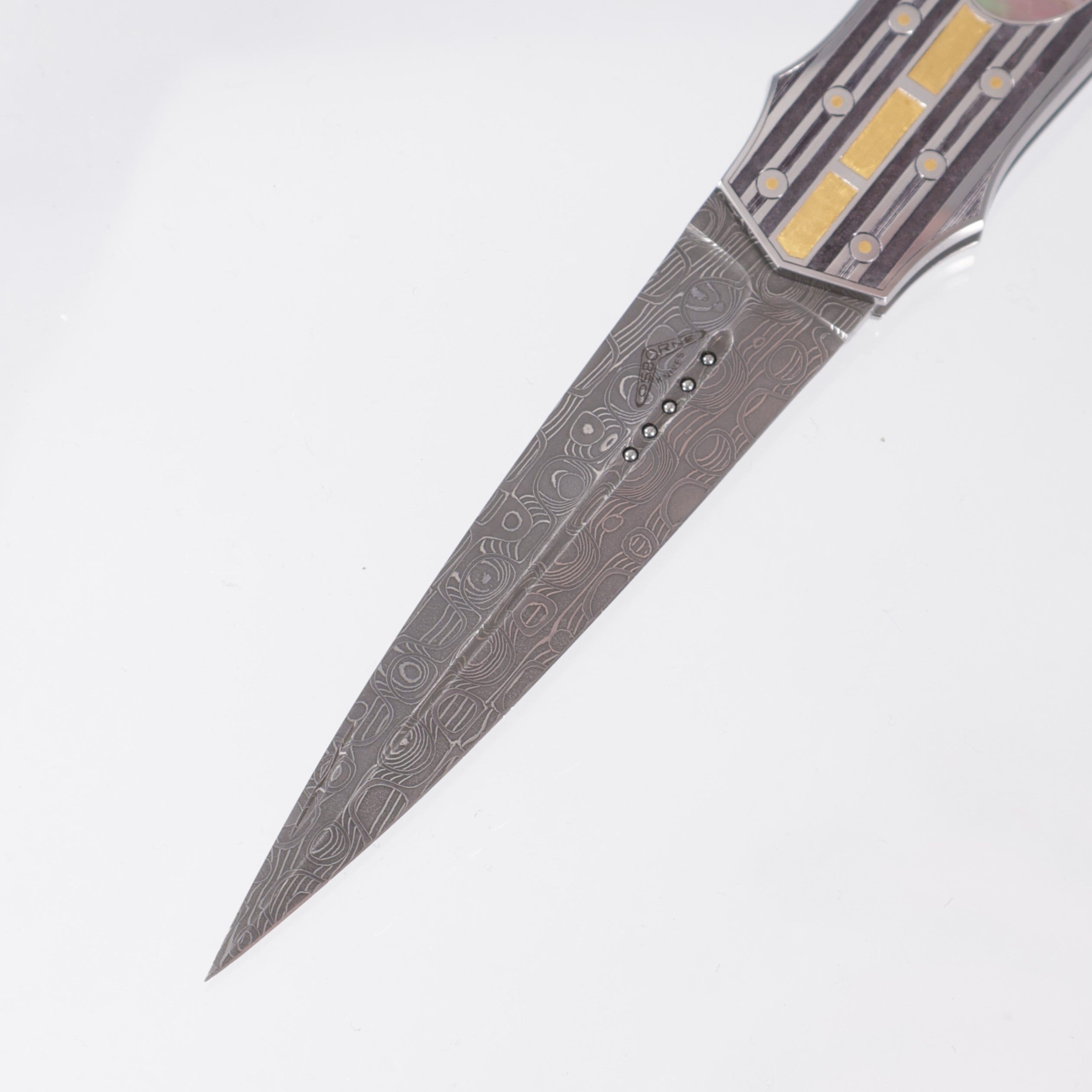 Warren Osborne Interframe Lockback Custom - Engraved Titanium w/ Gold & Black Lip Pearl Inlays - Damascus Blade *PRE-OWNED*